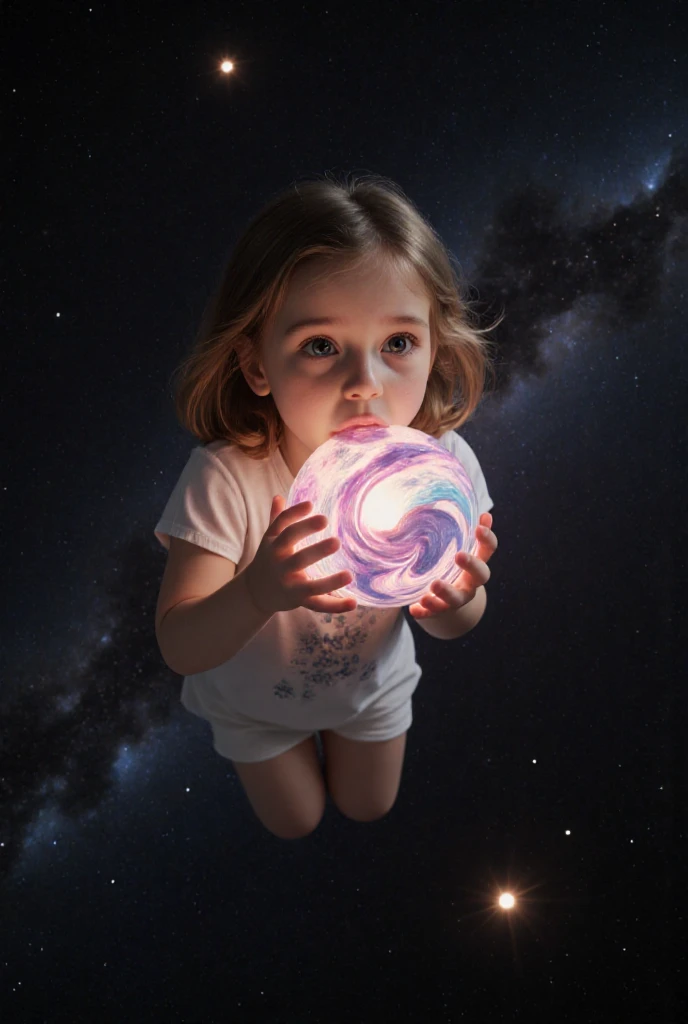 illustration,painting,acrylic painting,little girl,Holding a bright spiral galaxy between hands,Glowing special effects,black background,Super fine,Super realistic,Real light and shadow contrast,Realistic ray tracing,True light falloff,True light reflection,anti-aesthetic style,Poodlepunk,Snapshot aesthetic style