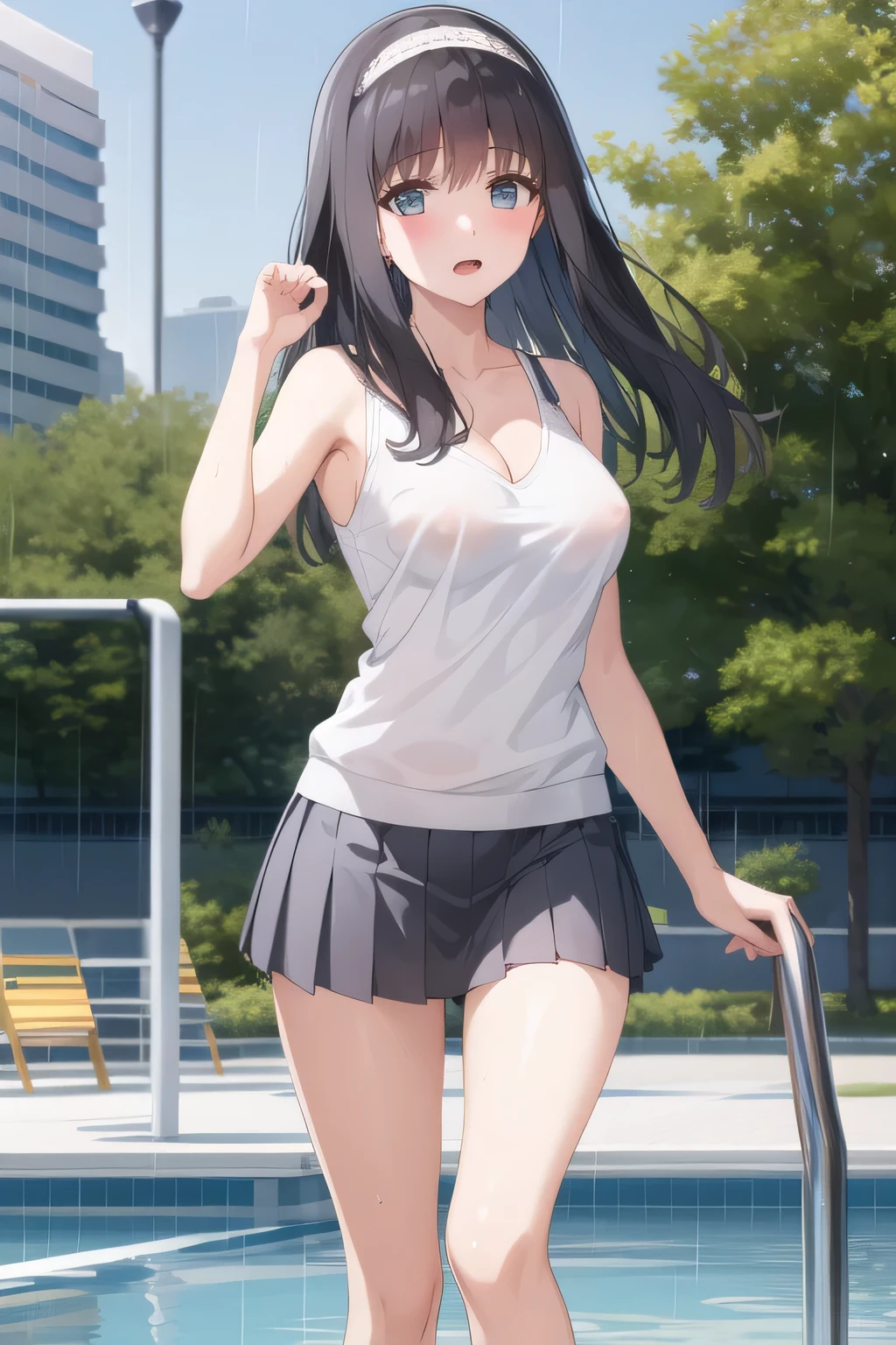 Can you draw women in micro bikinis and micro panties, I'm at the poolside , Sunny,I'm drawing a more delicate expression,only,Full color CG,long black hair,white hair band,,pleated miniskirtミニスカート,accurate hand and foot expressions,my nipples are sharp、、wet in the rain, It becomes transparent ,We definitely need that face,Dark blue pleated skirt,please draw her expression more delicately,Walking Alone, city tour ,,(((She's an ordinary tourist))), ,(We definitely need that face。Let's I'm drawing a more delicate expression),(sleeveless wool sweater),( pleated miniskirt,cute beauty in white panties),(One person is enough for that job , imagine an attractive 20-year-old woman jumping off her uniform, , big breasts, thin waist , , ,巨大な胸を持つbig breastsを描いていただけますか,Nipples stand up when wet, armpit,where the nipples of the clothes are wet and thin and look sharp,