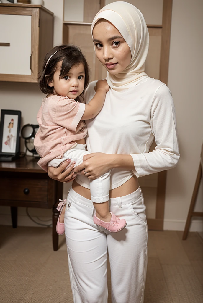 RAW, Best quality, high resolution, work: 1.3, beautiful Malay woman in hijab, beautiful big eyes, smiling, beautiful face, shiny lips, soft smile, medium portrait, watery eyes, big breasts, woman in skirt and beige blouse, long skirt dress, sitting, posing seductively and sexy in front of the camera with baby, with ivy, katelynn mini cute style,, malay, hijab, with a kid, old picture, a background behind garden flower (bokeh) , flowing dress, sophisticated dress, with teal clothes, multi-layered clothes, fully covered dress, brown dress, graceful dress, wearing an elegant dress, women's long dress, she wearing a skirt and beige blouse, long skirt ,