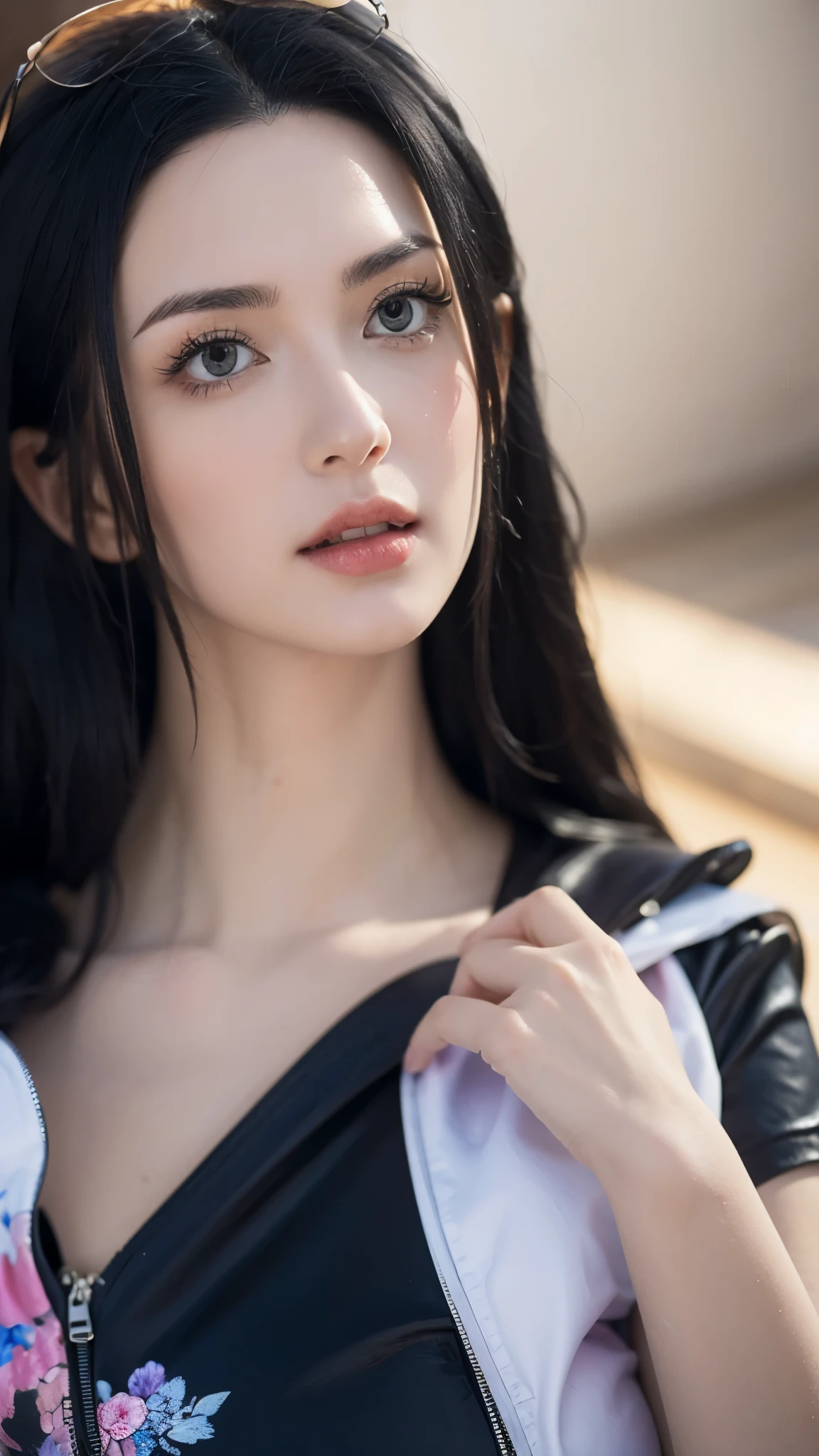 best quality、【8k、masterpiece:1.3、Goethepunk、Internal color is red、Gray black hair、hair accessories、Beautiful girl 、creative、dark fantasy style、Nico、Goethe fashion:1.2、High resolution、masterpiece、 best quality、頭w:1.3、((Hasselblad photos))、Fine skin 、 sharp focus 、( Movie Light )、 realistic texture hair , Black Crow on Shoulder