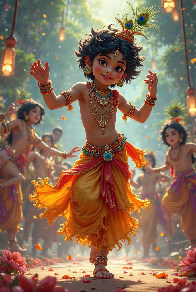 kid Krishna Dancing with Gopis: front facing, "Depict Krishna joyfully dancing with gopis in a lush garden, with colorful flowers and twinkling lights."