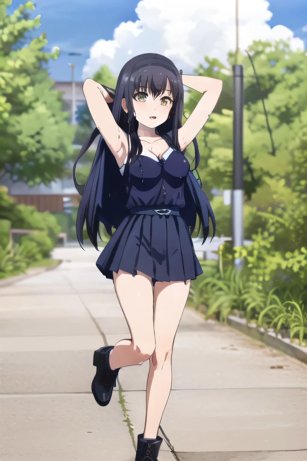 woman with long dark hair，hair band,I'm along the coastline，can you draw a woman in a dark blue costume，  , Sunny，I'm drawing a more delicate expression,only，Full color CG,long black hair，white hair band，，pleated miniskirtミニスカート，accurate hand and foot expressions，my nipples are sharp、、wet in the rain, It becomes transparent  ,We definitely need that face,Dark blue pleated skirt,please draw her expression more delicately，Walking Alone，              city tour              ,，（（（She's an ordinary tourist））），   ,（We definitely need that face。Let's I'm drawing a more delicate expression），（sleeveless wool sweater），（ pleated miniskirt，cute beauty in white panties），（One person is enough for that job  ,    imagine an attractive 20-year-old woman jumping off her uniform,                     ,   big breasts, thin waist ， ,   ，巨大な胸を持つbig breastsを描いていただけますか，Nipples stand up when wet， armpit，can you draw a woman with lots of chocolate，