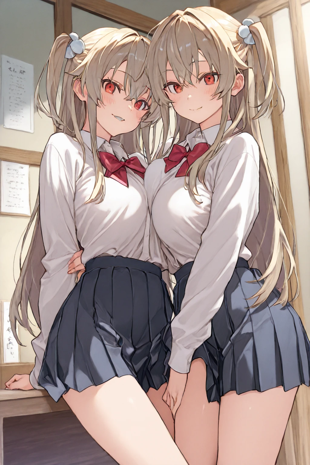 highest quality,masterpiece,((2 girls:1.5)),((smile:1.3)),(blush:1.3),((fun!!)),((Small breasts:1.5)),(night:1.5),Blonde, (Cardigan), ((naked:1.5)),Kamimei,look at me,((classroom)), Taking a break from watching the audience,Cowboy Shot,Light blue eyes,long hair,Glowing Eyes