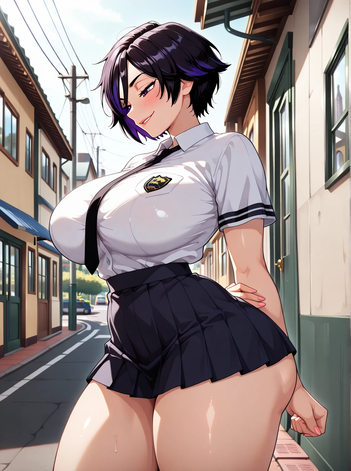 kase daiki.
A wearing armor in the style of a school uniform, skirt,  a translucent clothing,   a girl with purple hair and a big boo, bottom shot, 
 <lora:kase-daiki-2:1>