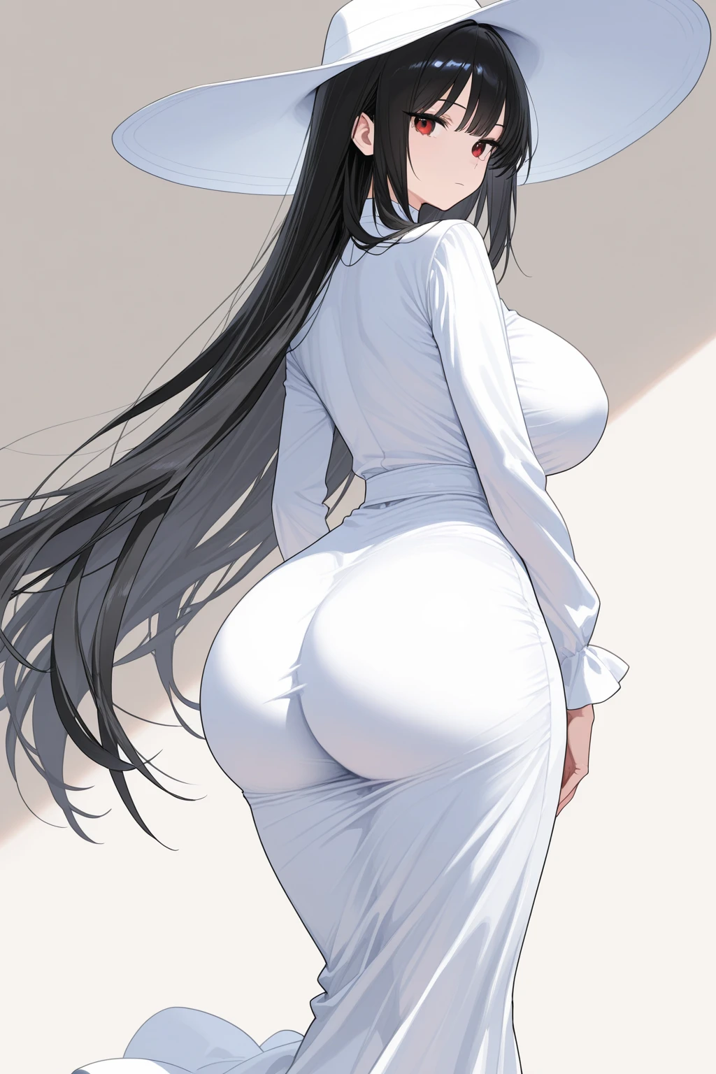 A tall curvy female, long black hair, red eyes, mature, naked, indoors, standing, beautiful feet, barefoot, black toenail polish, devious smile, black wolf ears, standing, rear view