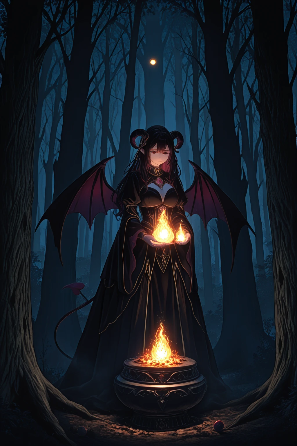 hzk,solo,1girl,(devil:1.6),cute,(dancing:1.4),evil smile,long nail,orange eyes,(looking down herself:1.3),wearing capelet\((very big:1.5),(very long:1.3),(traditional_patterned:1.2)\), BREAK ,music notes, (dead trees:1.3), in the forest,shadow_pappet\(bat,crow\), BREAK ,8k,wallpaper of extremely detailed CG unit, ​masterpiece,hight resolution,top-quality,top-quality real texture skin,hyper realisitic,increase the resolution,RAW photos,best qualtiy,highly detailed,the wallpaper,cinematic lighting,ray trace,golden ratio