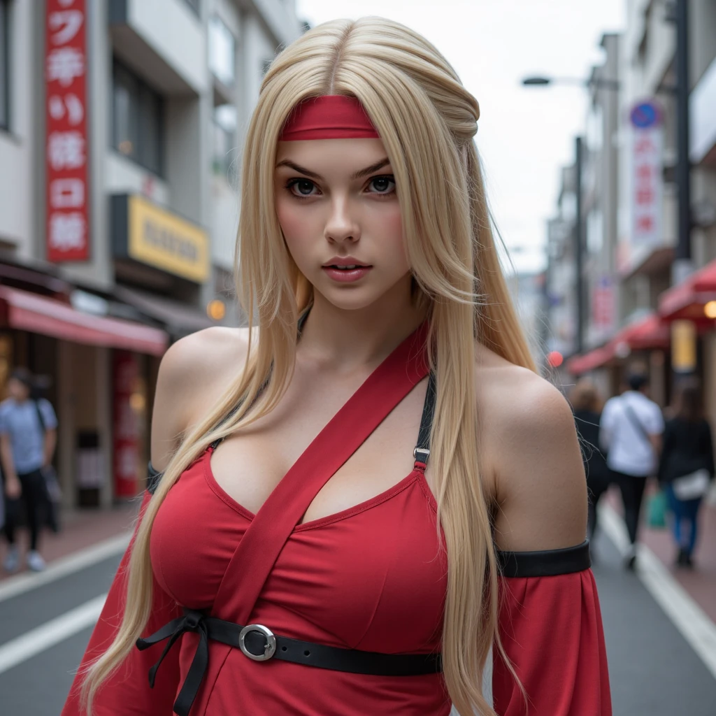 8K, masterpiece, Raw photo, Best Quality, photorealistic, high resolution, depth of fields, Cinematic Light, Lens Flare, Ray tracing, (Extremely beautiful face, Beautiful lips, Beautiful eyes), intricate detail face, ((Ultra detailed skin)), 1women, charming Russian model Nata Lee, light blonde hair, full body, solo, hips up, look at viewer, (detailed face), ninja, naruto style, headband, tattoo, jewelry, red costume, holding a ninja weapon (shuriken).