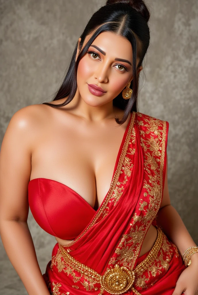 perfect pink eyes, fantastic face, Indian, beautiful look, ((red lips, bright eyes, curve heir 1.5)), ((beautiful details very big breast )), (Straight round and ultra huge clevage, not sagging breast), A glorious gorgeous, glorious gorgeous face, pretty face, bright eyes, detailed elegant printed red saree, updo elegant hair, blurred gray tones background, ultra focus, face ilumined, face detailed, 8k resolution, painted, dry brush, brush strokes, razumov style and garmash style, by Tokaito, ((Full Open ))