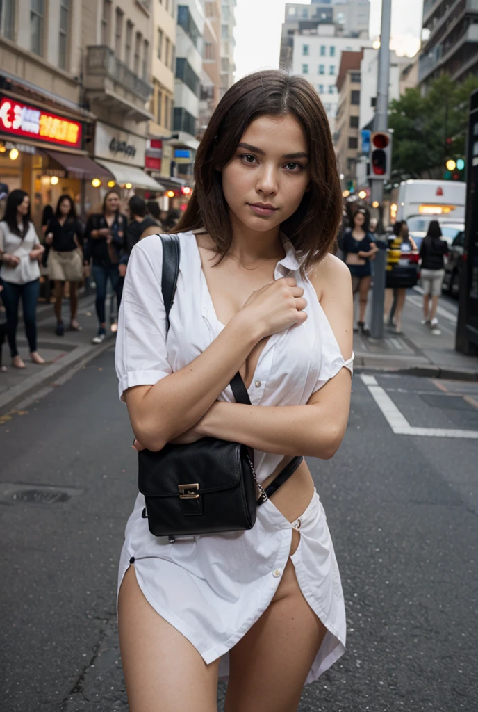 Beautiful 26 years old woman, 170cm high, 60 kg weight, white skin, long curly dark hair, green eyes, hairstyle, wearing white stripes vest, skirt,  looking to somewhere else, (((walking on crowded tokyo street))), close to the window, smile, natural morning light, realistic portrait, highly detailed, analog style, deep cleavage, breast, nipple, (((full body))), 