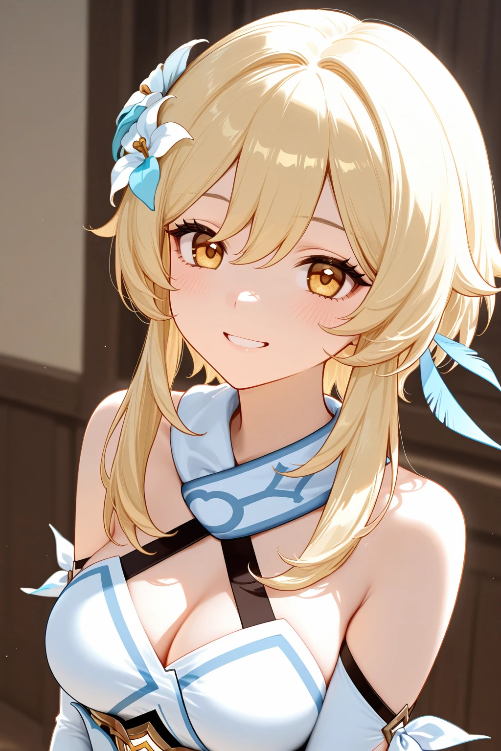 (((One girl))), blond hair, bob cut, (upper body), (looking at viewer), breasts, teenager, head tilt:1.3, (((blue eye))), (from side), ((happy smile)), ((full face blush)), tongue out, open mouth, , white sleeve shirt, cleavage, anime style, (best quality, 4k, 8k, highres, masterpiece:1.2, ultra-detailed, ultra-detailed eyes, HDR, UHD, studio lighting, ultra-fine painting, sharp focus, physically-based rendering, extreme detail description, professional, vivid colors, bokeh)