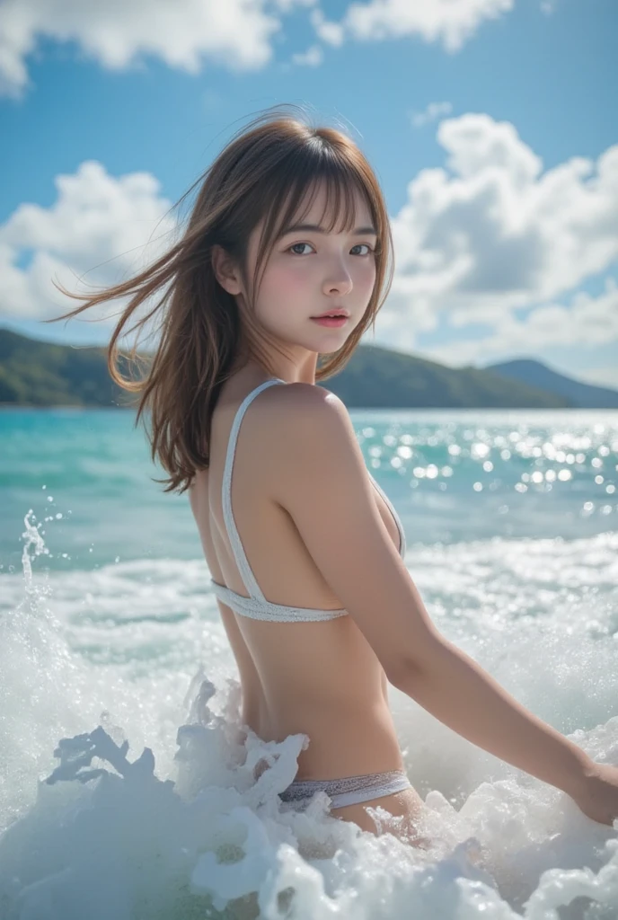 masterpiece、highest quality、cinema、(Detailed both eyes)、(cute japanese woman、bangs:1.3)、23 years old、1 girl、elegant、black hair、(auraroid photo:1.2)、huge cleavage