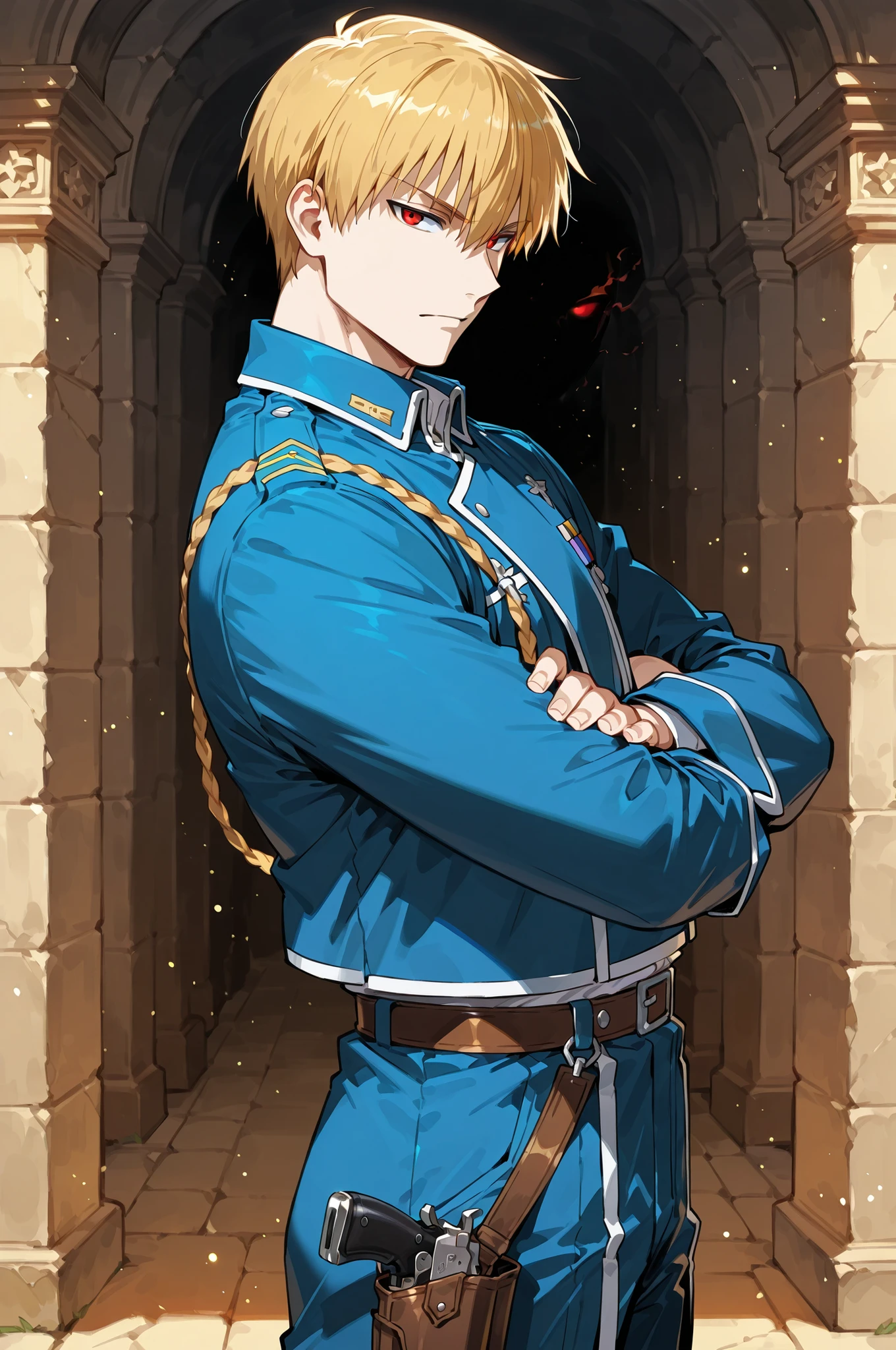 lazypos, 1boy, solo, looking at viewer, wideshot, from the side, standing, detailed eyes, looking at viewer, shadow, ligh particles, Inspiring, arms crossed,
Gilgamesh, 1boy, blonde hair, fit body, red eyes, short hair, straight hair, glowing eyes, blue military uniform, greek garden background, leather belt with a holster for a pistol, roy mustang outfit,