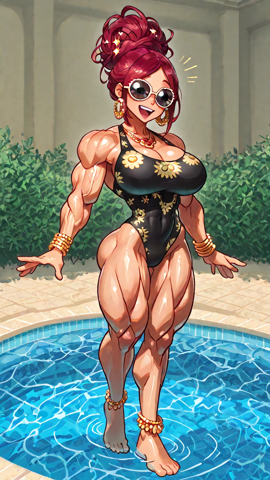 Full body, masterpiece, 1solofemale drow elf purple skin standing pose (yellow tiger bikini) red cape, red bikini, long white hair, strong body, abs, Ultra Quality, shiny skin, Atmospheric, 8K, Cinematic ((Street background)) BREAK, sunglasses (wet rainy, wet by rain, wet body :1.2) ultra-detailed face, detailed lips, detailed eyes, double eyelid, sensual low-necked dress, open neckline, hanging breasts, side pose, visible curves, pool, poolside, red transparent robe, sunglasses, muscular turned leg