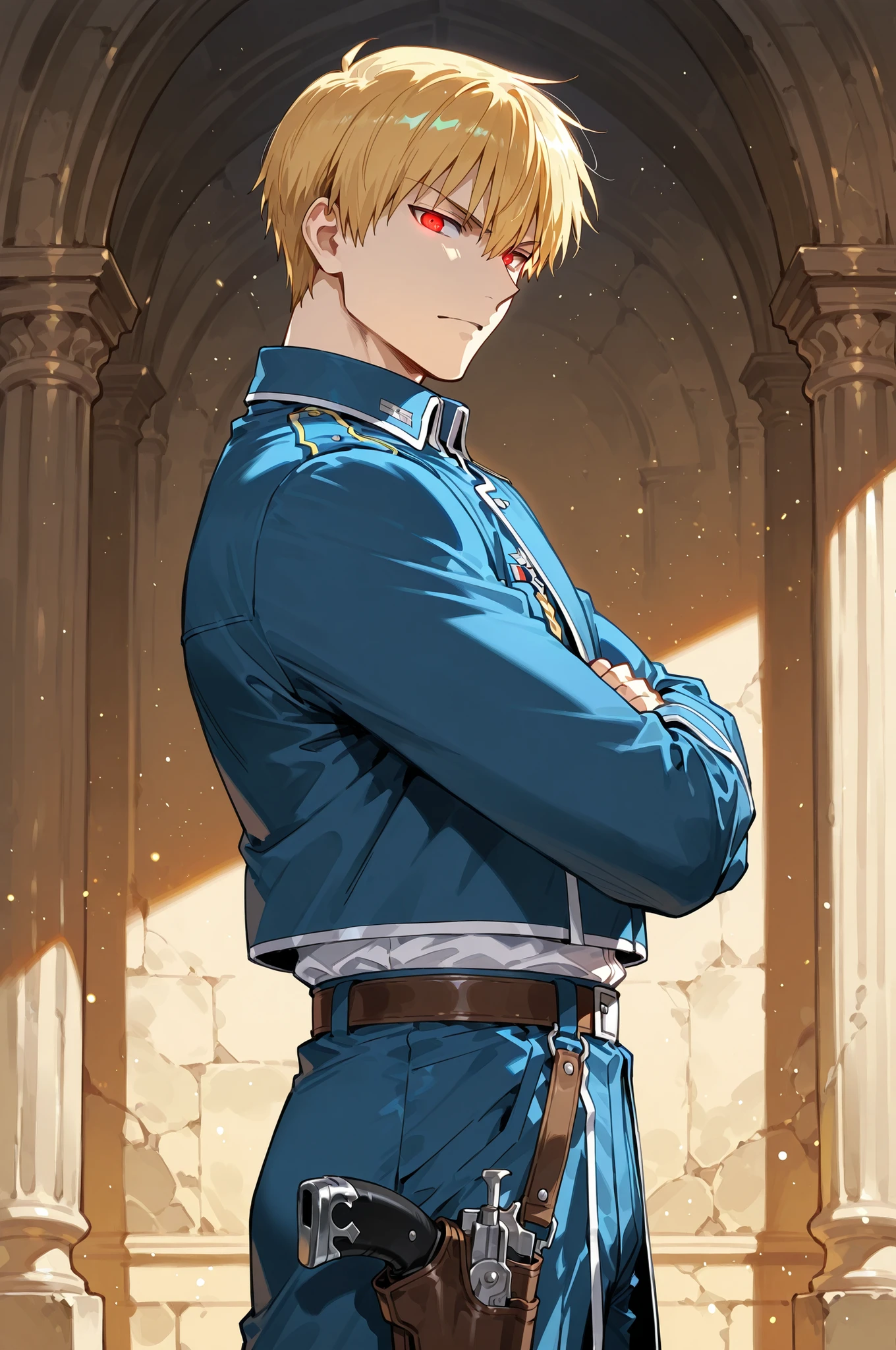 lazypos, 1boy, solo, looking at viewer, wideshot, from the side, standing, detailed eyes, looking at viewer, shadow, ligh particles, Inspiring, arms crossed,
Gilgamesh, 1boy, blonde hair, fit body, red eyes, short hair, straight hair, glowing eyes, blue military uniform, greek garden background, leather belt with a holster for a pistol, roy mustang outfit,