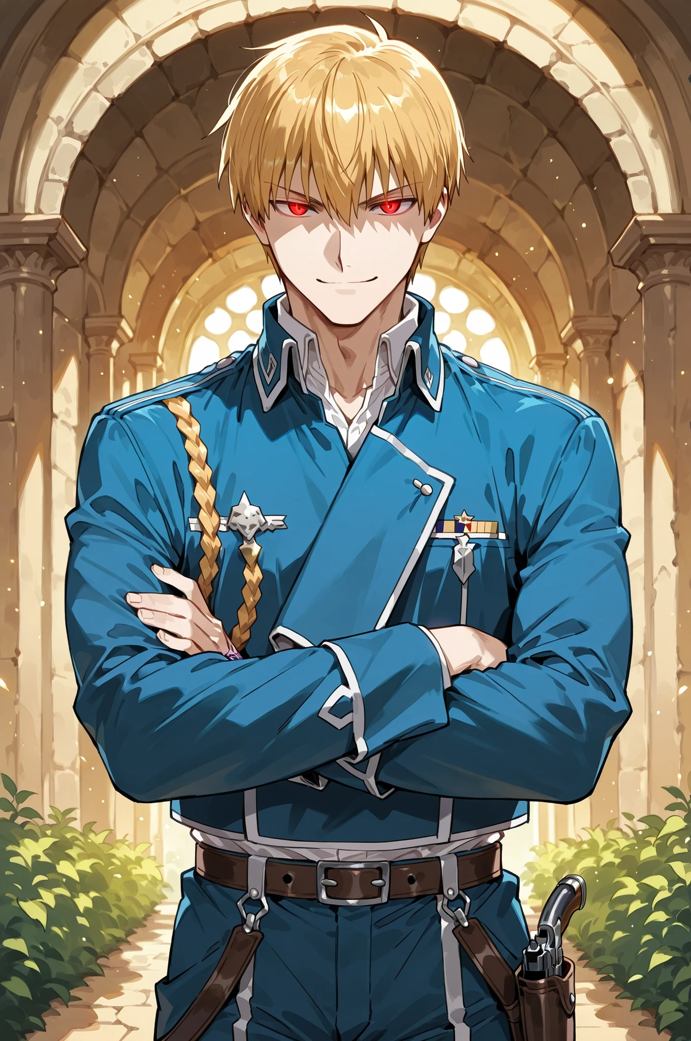 lazypos, 1boy, solo, looking at viewer, wideshot, from the front, standing, detailed eyes, looking at viewer, shadow, ligh particles, Inspiring, arms crossed, confident smile, confident expression,
Gilgamesh, 1boy, blonde hair, fit body, red eyes, short hair, straight hair, glowing eyes, blue military uniform, greek garden background, leather belt with a holster for a pistol, roy mustang outfit,