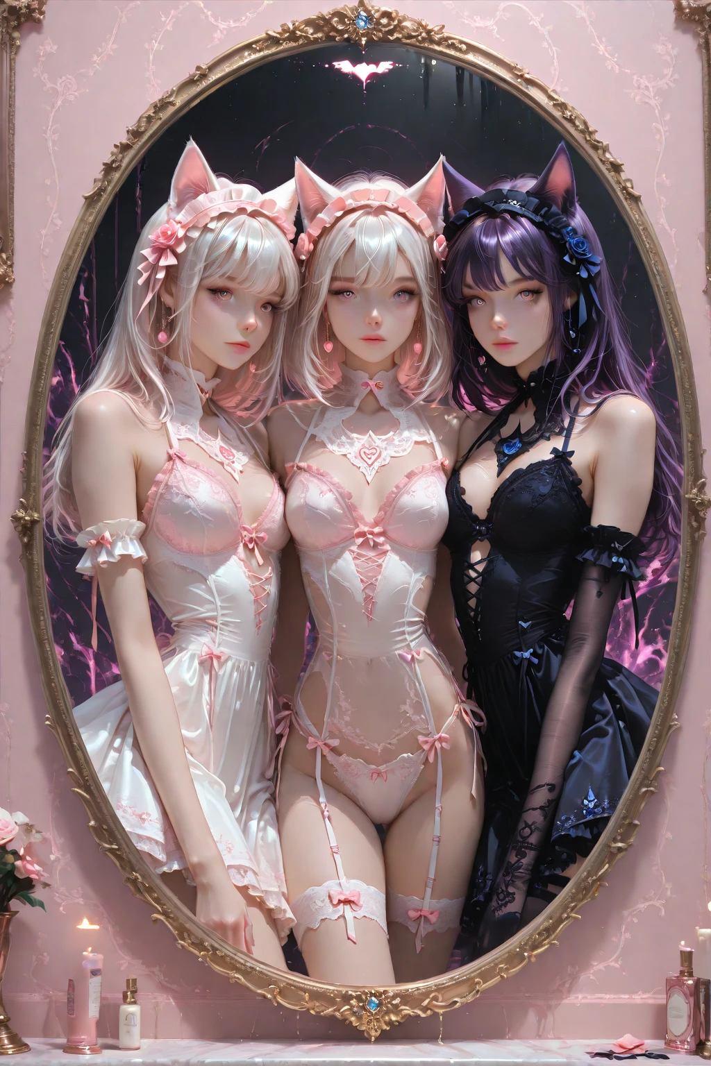 2 white hairs，Elf girl with pink pupils。Wear a miniskirt  ，Ultra-thin underwear   ，Lying on the bed wearing purple stockings。Reveals lingerie lace，Very polished pictures。
