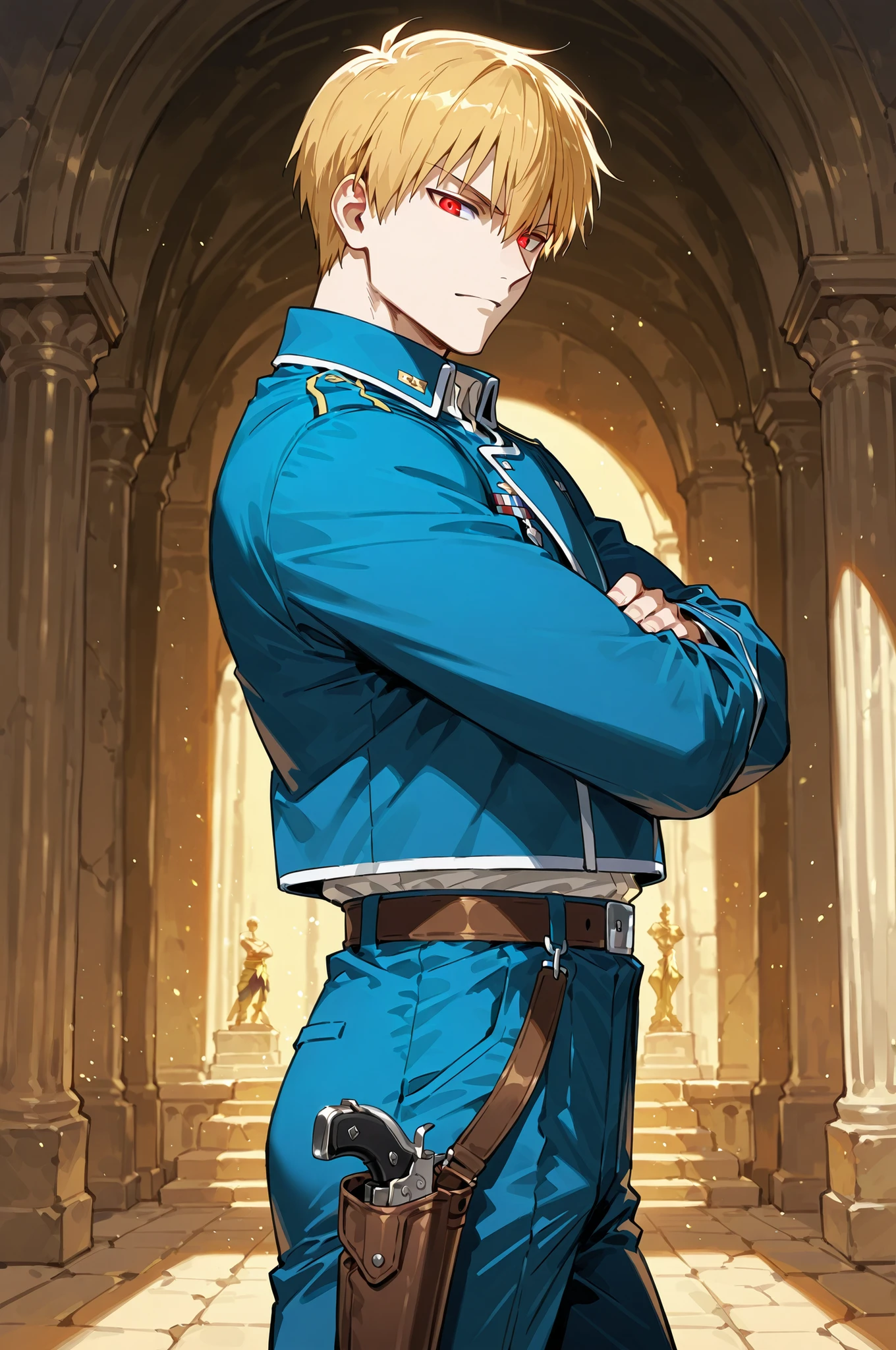 lazypos, 1boy, solo, looking at viewer, wideshot, from the side, standing, detailed eyes, looking at viewer, shadow, ligh particles, Inspiring, arms crossed,
Gilgamesh, 1boy, blonde hair, fit body, red eyes, short hair, straight hair, glowing eyes, blue military uniform, greek garden background, leather belt with a holster for a pistol, roy mustang outfit,