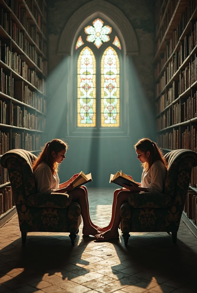 beautiful womens; looking for a forbidden book in ancient library with a lost of mistery and secrets; caravaggio painting; half naked; violet sorrengail