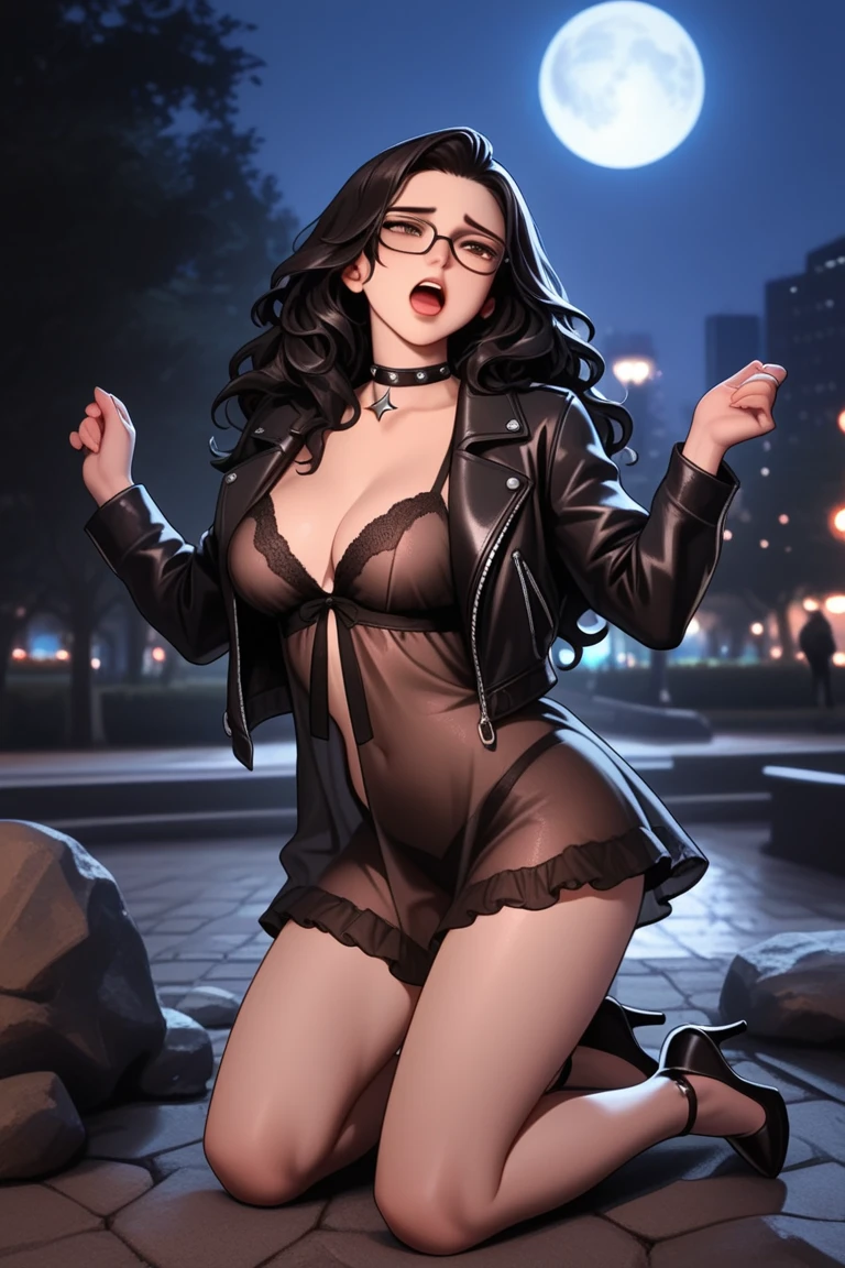 masterpiece, best quality, ultra high res, ultra-detailed, nfsw, in a public plaza, night, used condoms on the ground, night city landscape, crowded plaza, 1 girl, slut, cat girl, (black hair: 1.2), (yellow cat eyes: 1.2), (white cat ears: 1.2), (white cat tail: 1.2), red gloss lipstick, black eyeliner, hairy pubic hair, (gigantic tits and giant cleavage: 1.5), (black sexy latex bodysuit with zipper unzipped: 1.4), (cat collar with little bell: 1.4), (black lace-trimmed thighs: 1.4), (white high heels: 1.4), horny, sexy, (she is sitting on the ground in a porn pose spreading her legs wide open and masturbating while she is having a very horny and sexual alluring face and moaning with her mouth open and her tongue out dripping saliva: 1.6)