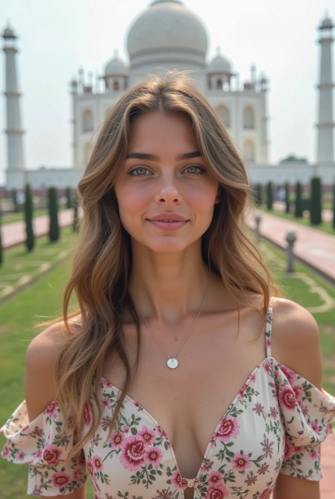 European woman, closeup, (shirt), pants, (machu picchu), (), ZM_tammy, wide shoulders, perfect face, (contact iris: 1.1), pale skin, skin pores , depth of field