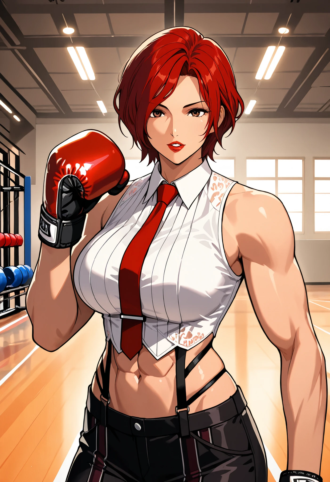 Anime style, 1 girl, solo, looking at viewer, mature woman, ((Vanessa from KOF)), short red hair, waved hair, parted bangs down, brown eyes, red lips, parted lips, white tanktop, big breasts, abs, toned body, slim waist, attractive, motherly, red tie, lace, black social pants, boxing gloves, rosy skin, tall woman, sexy woman, pose, soft light, in the gym, masterpiece, high quality, 8k, high definition, full HD.