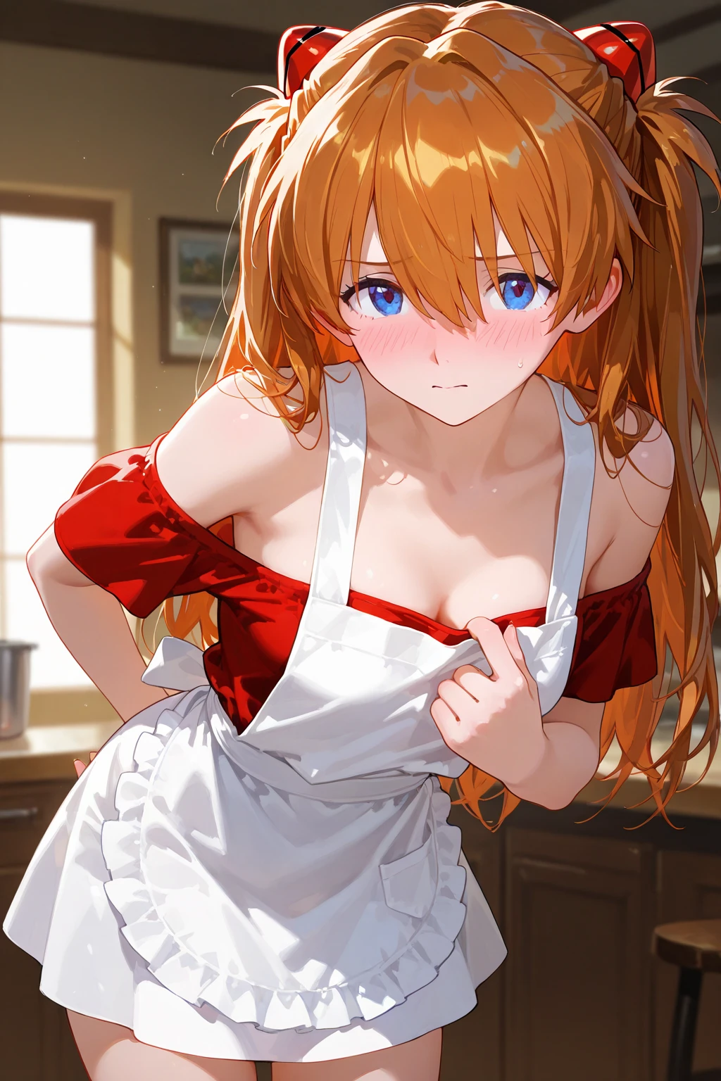 asuka, 1girl, solo, long hair, open mouth, blue eyes, underwear, bra, orange hair, apron, lingerie, angry, blue bra, <lora:anime:1>