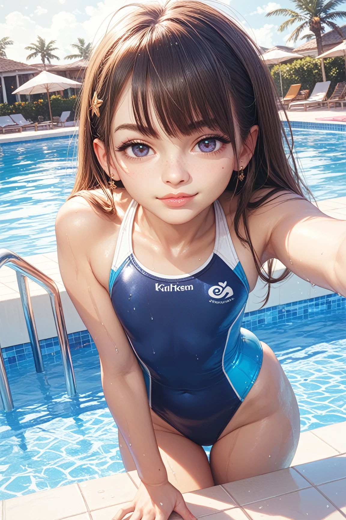Two women, ((Highly detailed skin), Beautiful realistic face, White skin, Pointed Chest, Small nipples, Perfect Anatomy, Realistic eyes, Natural Eyes, Brown Eyes, Accurate eye focus), (Hyper Realist, Ultra-realistic, 4k, Attention to detail, Ultra-high resolution, highest quality, masterpiece, Presence, dynamic, bold, Sharpness, Professional Lighting), (Thinning hair:2), (Soft Hair:2), Long, slicked bangs, Very light coppery amber hair, Hair on one eye, (Twin tail hair), (Wearing a competitive swimsuit:1.5), The shine of competitive swimsuits, Metallic colors competition swimsuit, Racing Swimsuit, High leg competitive swimsuit, ({Metallic pink color| Metallic gold color| Metallic silver color| Metallic wine red color| Metallic navy color| Metallic blue color| Metallic purple color| Metallic yellow color| Metallic grey color| Metallic colors|}Swimsuit color), Poolside, (Big Breasts:1.3), Tall, Long, slender limbs, Crouch down, M-shaped split, (Squat:1.2), Squat with your legs wide apart, Spread your legs, The swimsuit is digging into her buttocks, whole body, Put your chest close, Accentuate your breasts, smile, Looking into the camera, barefoot, Nikon, Canon,