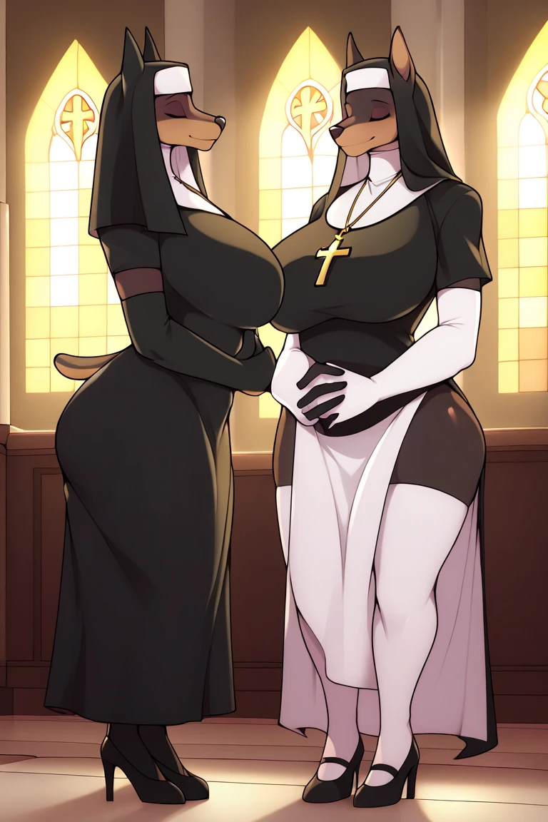 full body, completely nude, uncovered abdomen, uncovered groin, uncovered chest, 2girls, nun, pudgeruffian, uncovered chest, vagina, topless, smiling, dark skin, dark skinned female, cross necklace, outdoors, shrug \(clothing\), long sleeves, small breasts, thick thighs, wide hips, wide stance