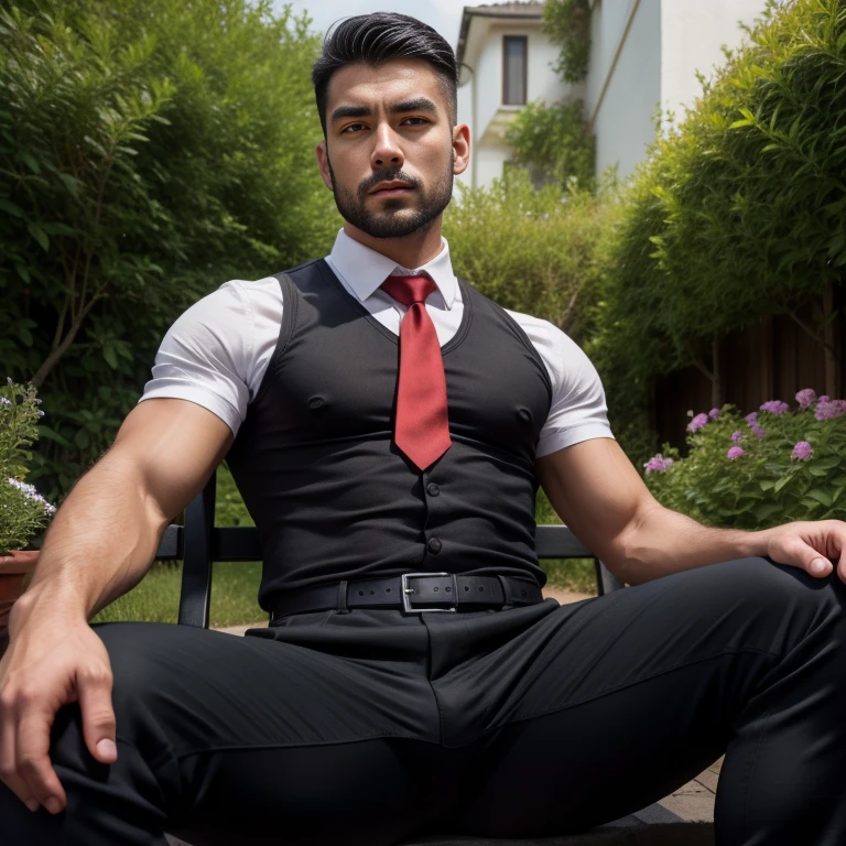 Yan_Lucky, Solo, Short hair, Black hair, （neck bowtie）mitts, 1boys, navel, , Green eyes, White hair, Male focus, Thighs, Spread legs, Fingerless gloves, Torn clothes, Muscular, Facial hair, Scar eyes, Thick thighs, Abs, Thick eyebrows, Suspenders, chest muscle, Muscular male, Clothing that exposes, Tik, scars in the face, Big Pectoral Muscles, Bulge, skull, Sideburns, Mature male, bare pectorals, Undercut, scar on the cheek, Long sideburns, Bow in men's underwear in black, Outdoors, sonoko, (Masterpiece,Best quality:1.5)