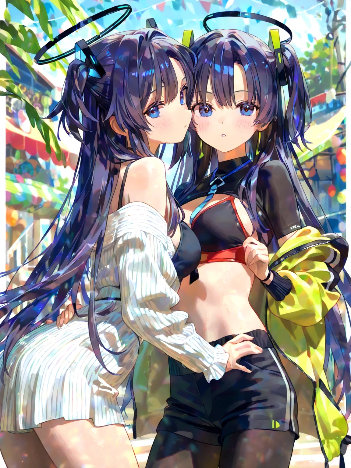 2girls、nightcity、Great body、Great legs、Comes a cardigan over a bra、A dark-haired、Holding a weapon with blood on it、Cherry blossoms are dancing、Being touched in the crotch while sitting with your legs up、Put your hands behind your back、poneyTail、Niō Standing、Holding a knife、Pointed mouth、Ordinary girl、Stick out the body、I'm wearing cute panties、Both are kissing、Touching the body、Licking each other、Kissing