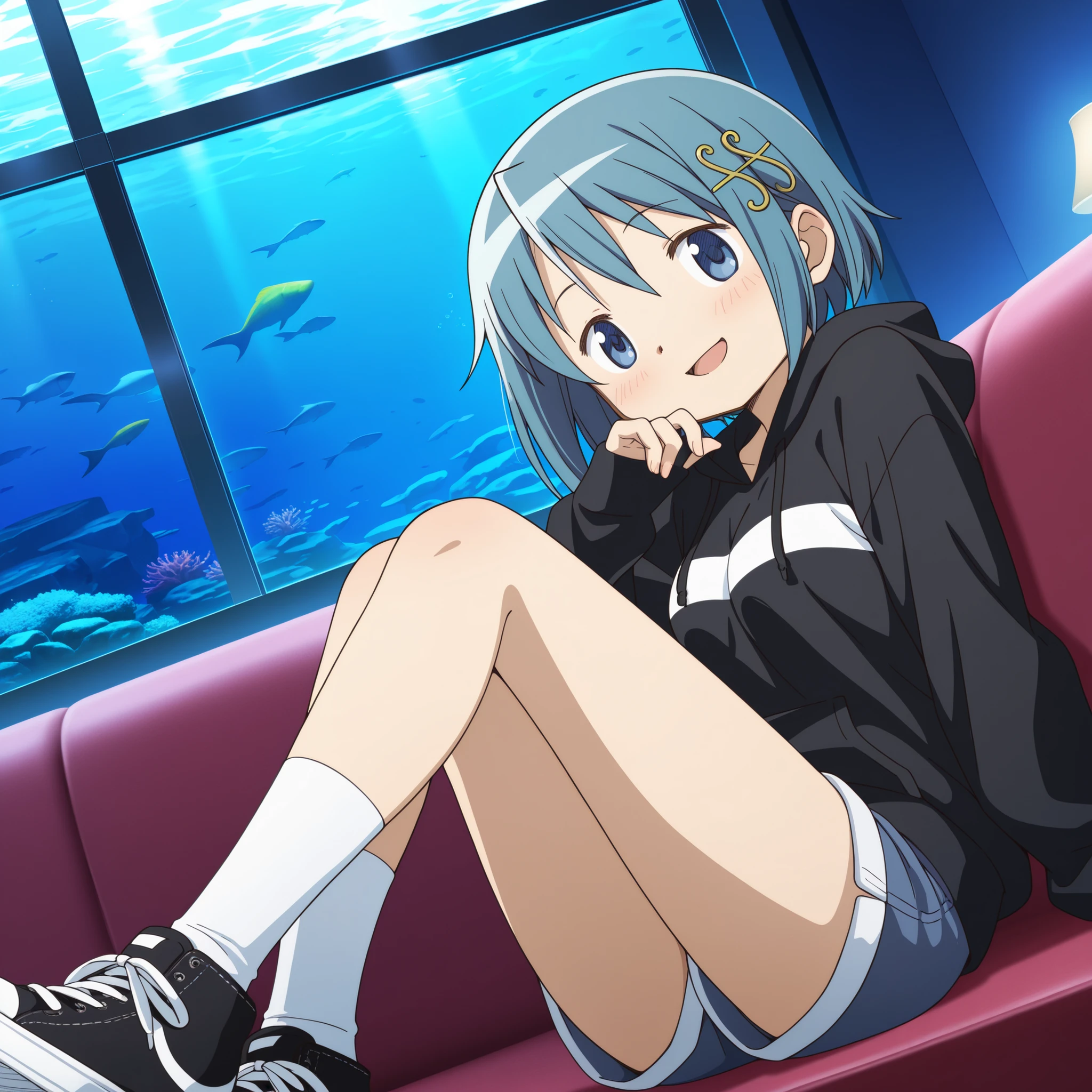 masterpiece, best quality, newest, absurdres, highres, safe, anime style, anime capture, anime screen, 1girl, solo, mahou shoujo madoka magica, miki sayaka, blue eyes, blue hair, short hair, fortissimo hair ornament, black hoodie, shorts, white socks, black sneakers, sitting,  smile, open mouth, blush, looking at viewer, zettai ryouiki, dutch angle, indoors, aquarium, a large glass-enclosed tank, sofa