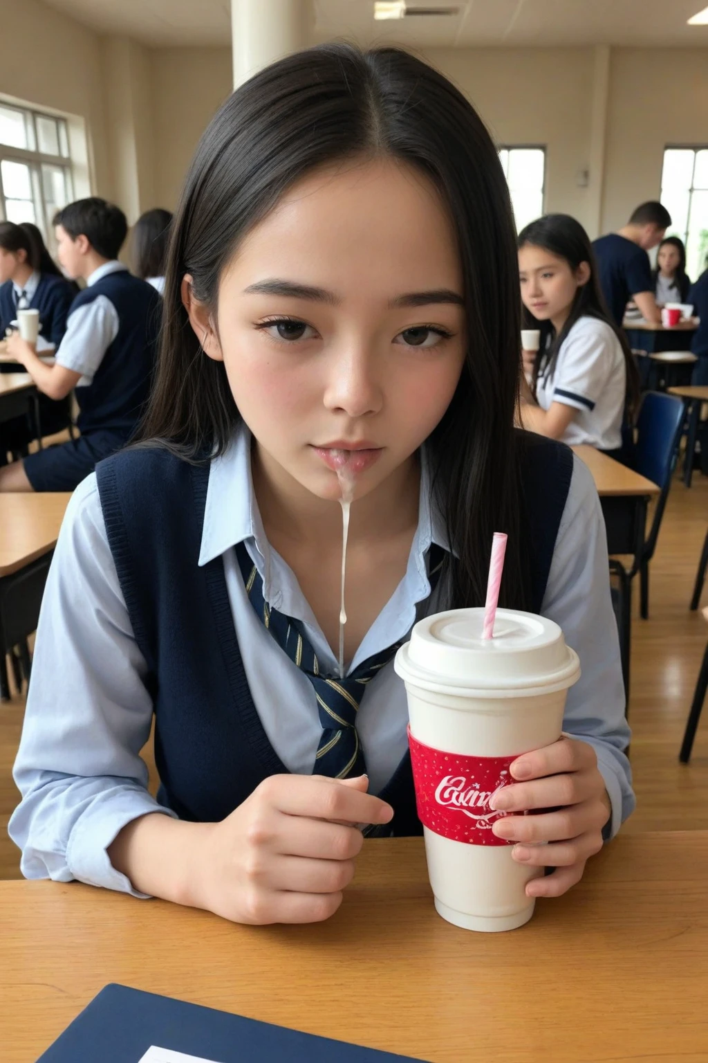 (Wearing winter uniform、Close-up portrait of one girl with slim body, small breasts and pigtails hair:1.5)、(Girl sitting on chair:1.3)、(Cafe open terrace :1.3)、(Perfect Anatomy:1.3)、(Complete Hand:1.3)、(Full Finger:1.3)、Photorealistic、Raw photo、Tabletop、highest quality、High resolution、Delicate and beautiful、Perfect Face、Beautiful fine details、Fair skin、Real human skin、pores、((Thin legs))、(Black Hair)
