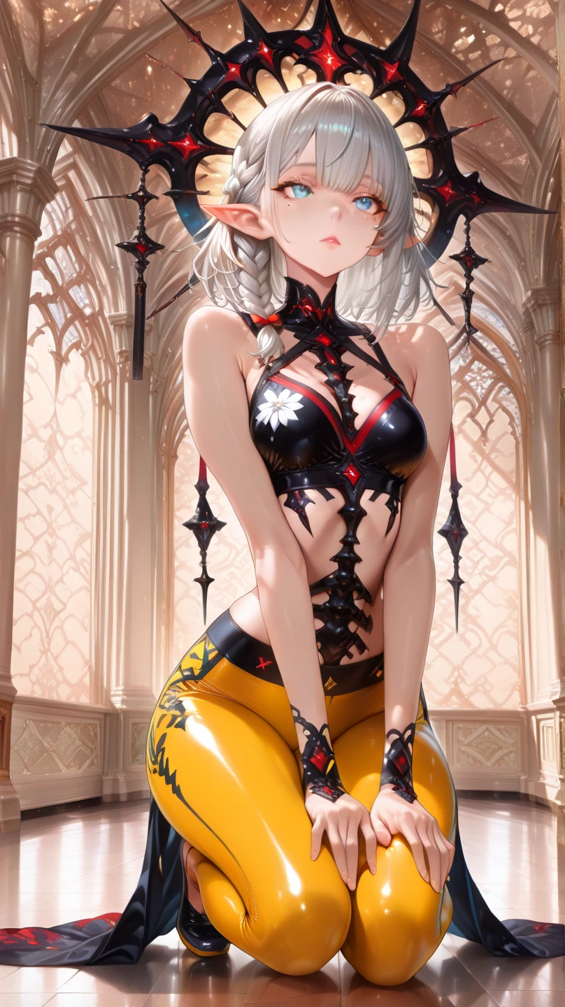 bokeh,1girl, ((ladybug:0.6) pyro:1.3), (in a silent cove:1.3), full body, thigh gap, neon blonde hair, French Twist, dark lipstick, , vivid crimson eyes, pose, [:colorful costume design:0.2], , medium breasts, wide hips, narrow waist, thicc hourglass figure,, (topless:1.2), BREAK revealing costume