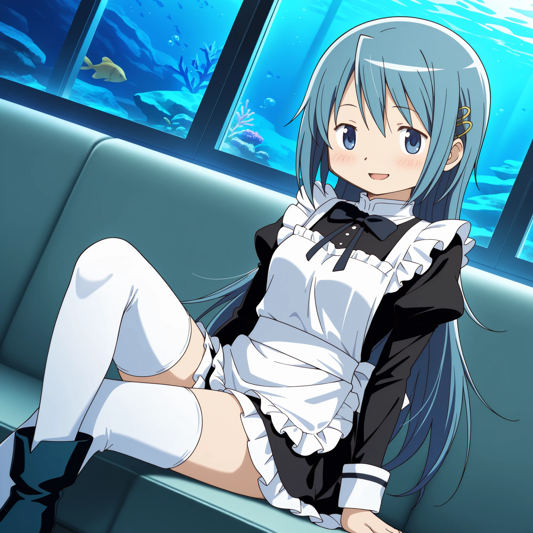 masterpiece, best quality, newest, absurdres, highres, safe, anime style, anime capture, anime screen, 1girl, solo, mahou shoujo madoka magica, miki sayaka, blue eyes, blue hair, long hair, hair down, fortissimo hair ornament, maid clothes, white kneehigh, black boots, sitting,  smile, open mouth, blush, looking at viewer, zettai ryouiki, dutch angle, indoors, aquarium, a large glass-enclosed tank, sofa