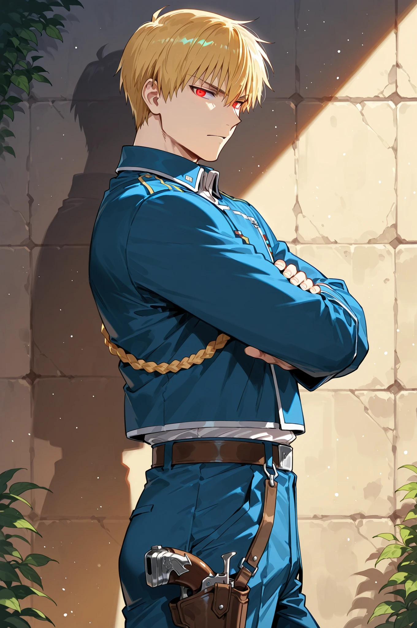 lazypos, 1boy, solo, looking at viewer, wideshot, from the side, standing, detailed eyes, looking at viewer, shadow, ligh particles, Inspiring, arms crossed,
Gilgamesh, 1boy, blonde hair, fit body, red eyes, short hair, straight hair, glowing eyes, blue military uniform, greek garden background, leather belt with a holster for a pistol, roy mustang outfit,