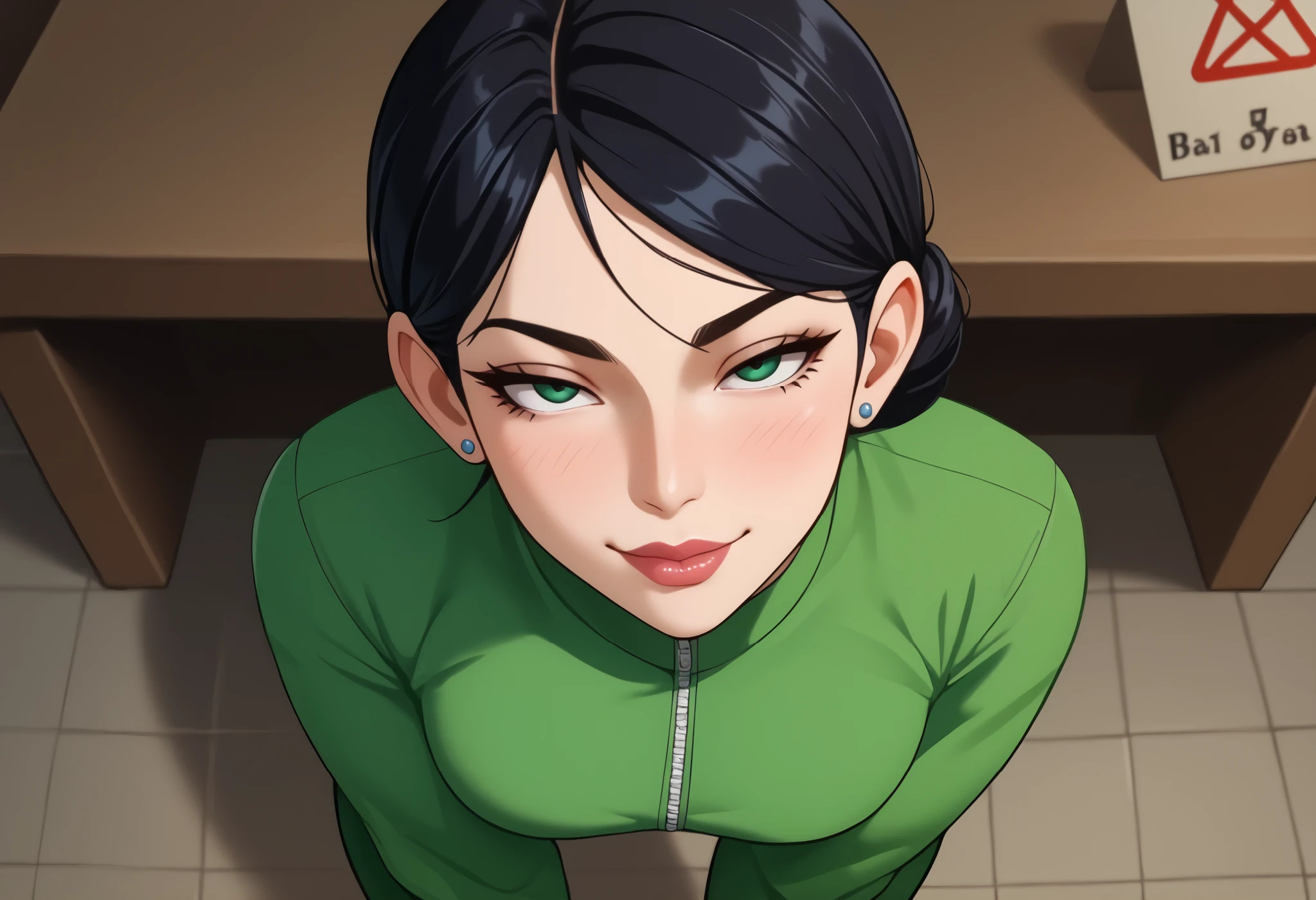 jiggle as a result of_9, jiggle as a result of_8_higher, jiggle as a result of_7_higher, jiggle as a result of_6_higher, jiggle as a result of_5_higher, jiggle as a result of_4_higher, source_anime, Mark 1,  sign 2 , The quality of _masterpiece,  is anatomically correct, Beautiful face, perfect face, very detailed beautiful face and eyes, Attractive face , detailed face, thin facial features, detailed skin, wide hips, Average butt, big butt, thick thighs reveal, mature female, The long , bedroom eyes, Race classification of interruption_security, high-angle view,  maternal face , bedroom, has detailed eyes, Attractive face , Familiar, with his hands on his hips, leaning forward, Naughty face ,  seductive look , Shigo , one girl, Alone, The long , Two black lips, black hair, with green eyes,  Green body suit ,  green gloves ,shoes