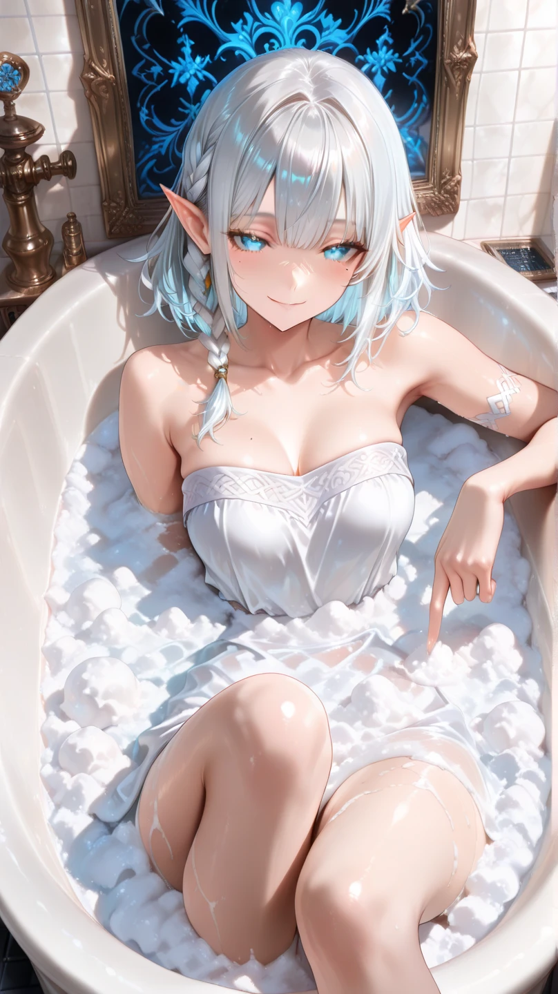 Unity 16K Wallpaper, Masterpiece, Best Quality, Ultra-Detailed, Extremely Detailed CG, Caustics, Cinematic Lighting, Detailed, Beautiful Detailed Eyes, 1 girl, cute girl, light smile, (small micro bikini, amounts of soap foam:1.3, Large soap bubbles:1.2), bathroom