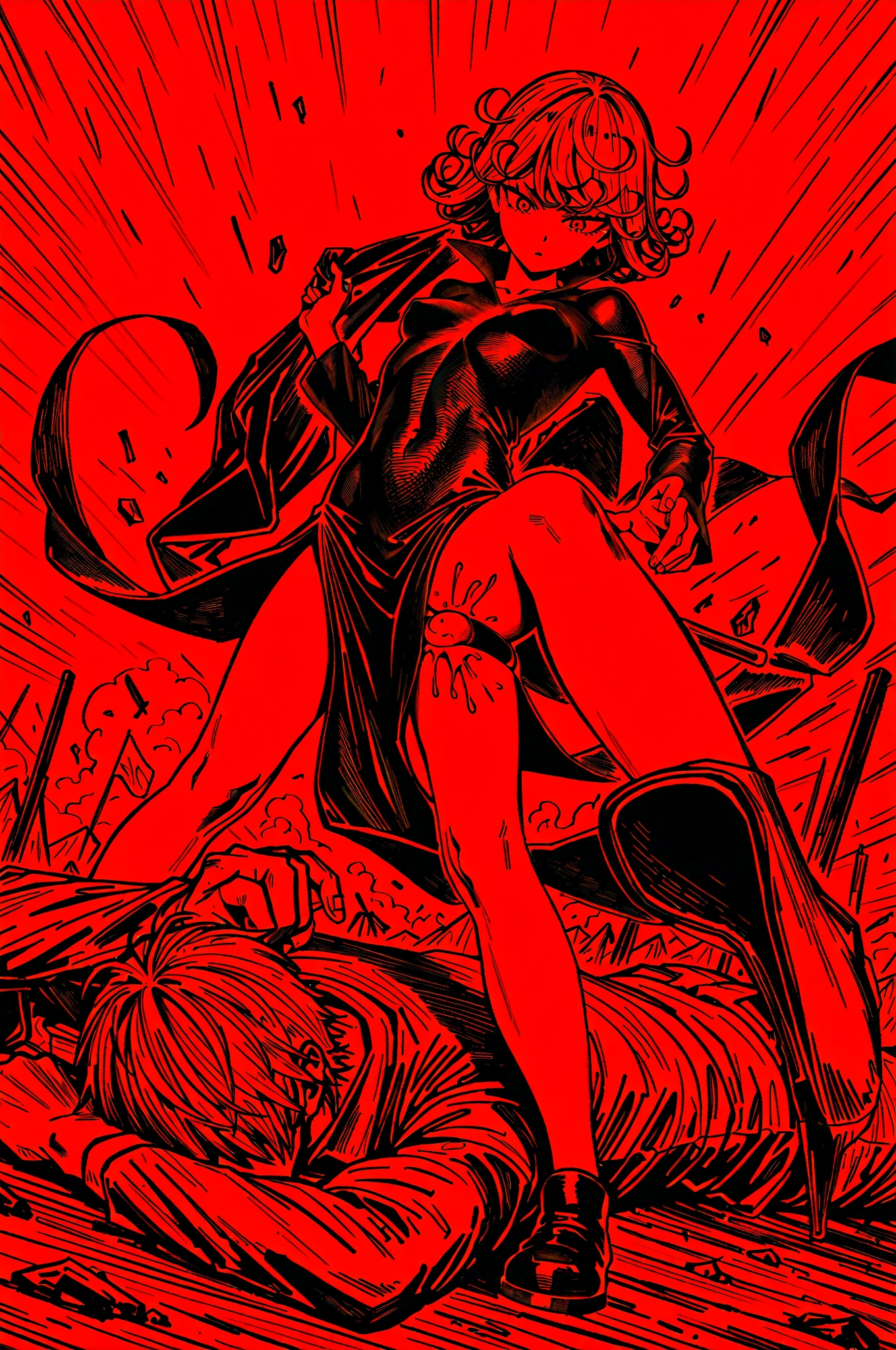 Tall, slim, She has long grey hair tied back in an enormous, messy ponytail that reaches down to her thighs, some of her hair is covering one of her eyes, she wears a red jacket over a black full-body suit, golden eyes