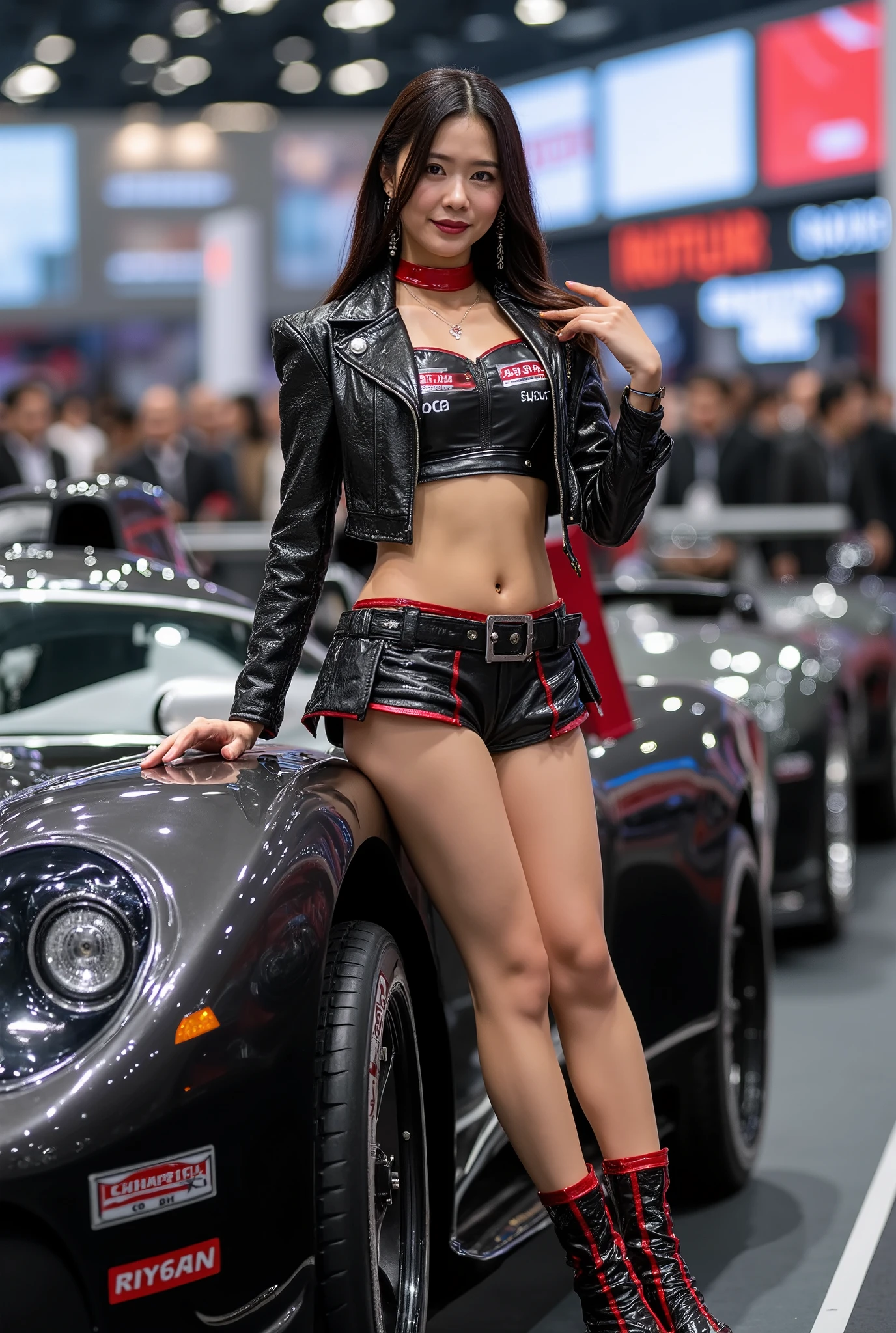 Highest Quality 、high quality 、 最high definition、high definition、8K Quality、high image quality 、Highest Quality、 masterpiece 、immersive video、 very realistic image 、Realistic Painting、 perfect details 、 high contrast 、High Fidelity、 perfect photo without blurring、close to reality、 An image that has been faithfully reproduced down to the smallest detail、 Detailed and REALISTIC WEAPON 、 exquisite and realistic human skin 、 realistic face in every detail、 Realistic eyes in detail 、 draw realistic lips in every detail 、 detailed and real teeth、Realistic Ears、 Realistic Hair 、((Japanese Model))､((Race Queen))、((beautiful adult woman))、((beautiful faces))、((black hair))、((big rounded breasts))、((sexy body ))、((Beautiful skin without a single blemish))､(((Tokyo Motor Show)))、 (((racing cars)))、 ((promotion girl beside the F1 car,Grid Girls,detailed promotional costumes are intricately worn))､racing cars、Racing exhibition hall、Japanese woman wearing sneakers、Race Queenコスチュームの日本人女性､(((Asymmetric design cropped top short enough to show breasts＆enamel short sleeve jacket with lots of logos＆asymmetrical design enamel skirt short enough to show panties＆Japanese woman wearing sneakers)))、(((cropped top that fits perfectly to a body short enough to show breasts＆enamel short sleeve jacket with lots of logos＆perfect for bodies short enough to see panties {x} perfect for bodies short enough to see panties fitted enamel skirt＆Japanese woman wearing sneakers)))､(((cut out design enamel cropped top that is short enough to show breasts＆enamel short sleeve jacket with lots of logos＆cutout design enamel skirt short enough to show panties＆Japanese woman wearing sneakers)))、((racing carsに寄り添う,racing carsのボンネットに腰を下ろす,dynamic sexy pose))、(crowd in motor show venue)、((Closeup of the subject))