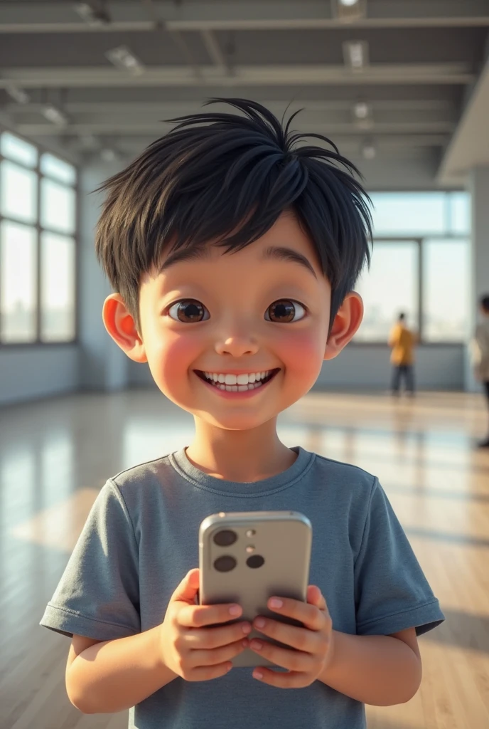A boy using phone sitting on the table