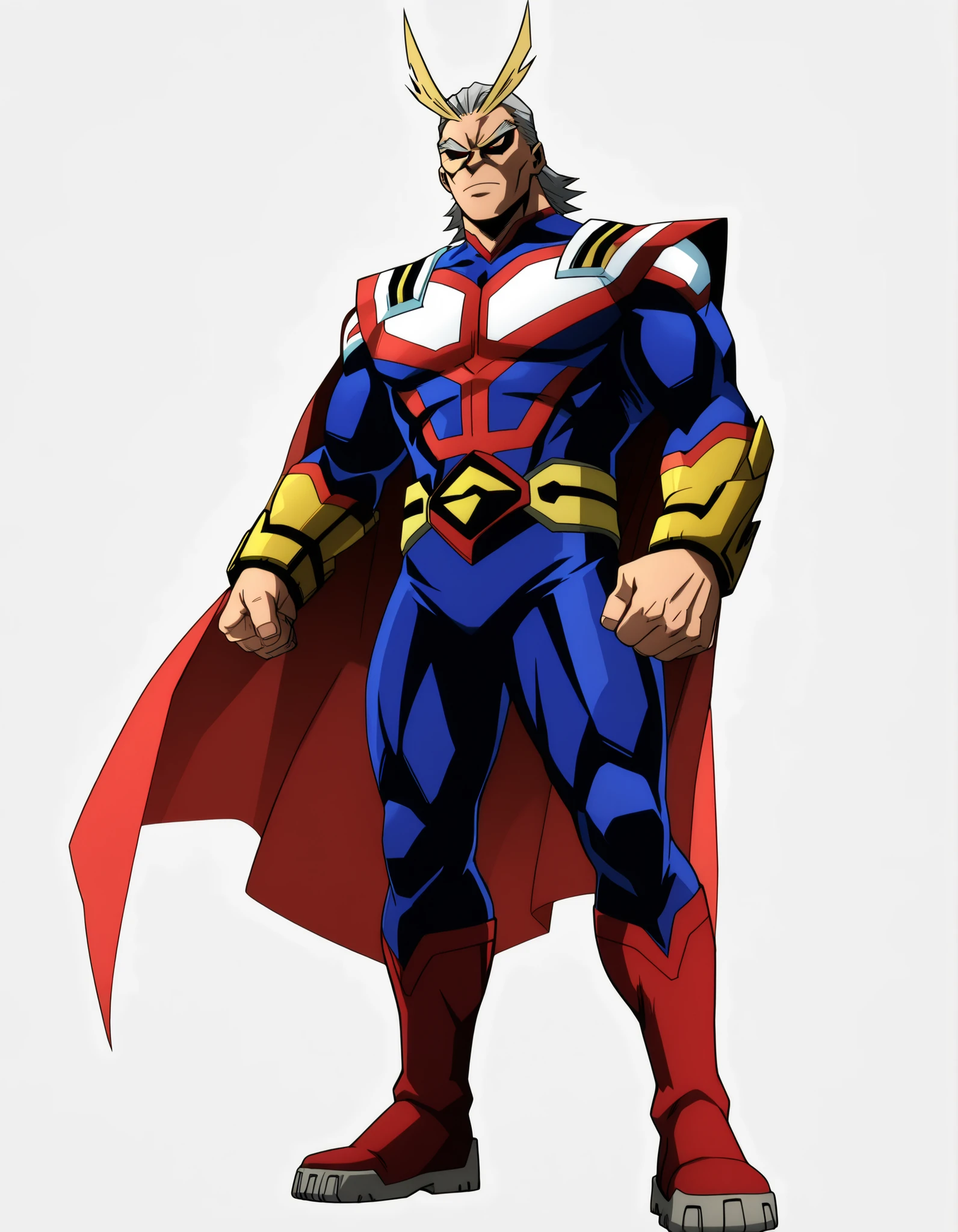 ((Highest Quality)), ((Simple Light Grey Background)), (My Hero Academia Style), standing, 1male, Male, Mature Male, solo, Bulk Body, Toned Body, Athletic body, (Superhero), (Tokusatsu Superhero), (Tokusatsu Hero), (Tokusatsu Character), (Male Tokusatsu Character), standing, Superhero bodysuit, (Tactical Surface fighter), Full Body, ((All Might)), Three-toned Tight Bodysuit, Red and Blue Bodysuit With Yellow details, Tight Red and Blue Bodysuit, Tight Bodysuit with Yellow details, Red metal bracers, metal bracers, red bracers, red knee high boots, Knee high boots, red boots, No belt, red cape, very long red cape, Very long cape, Gray eyebrows, gray bangs,