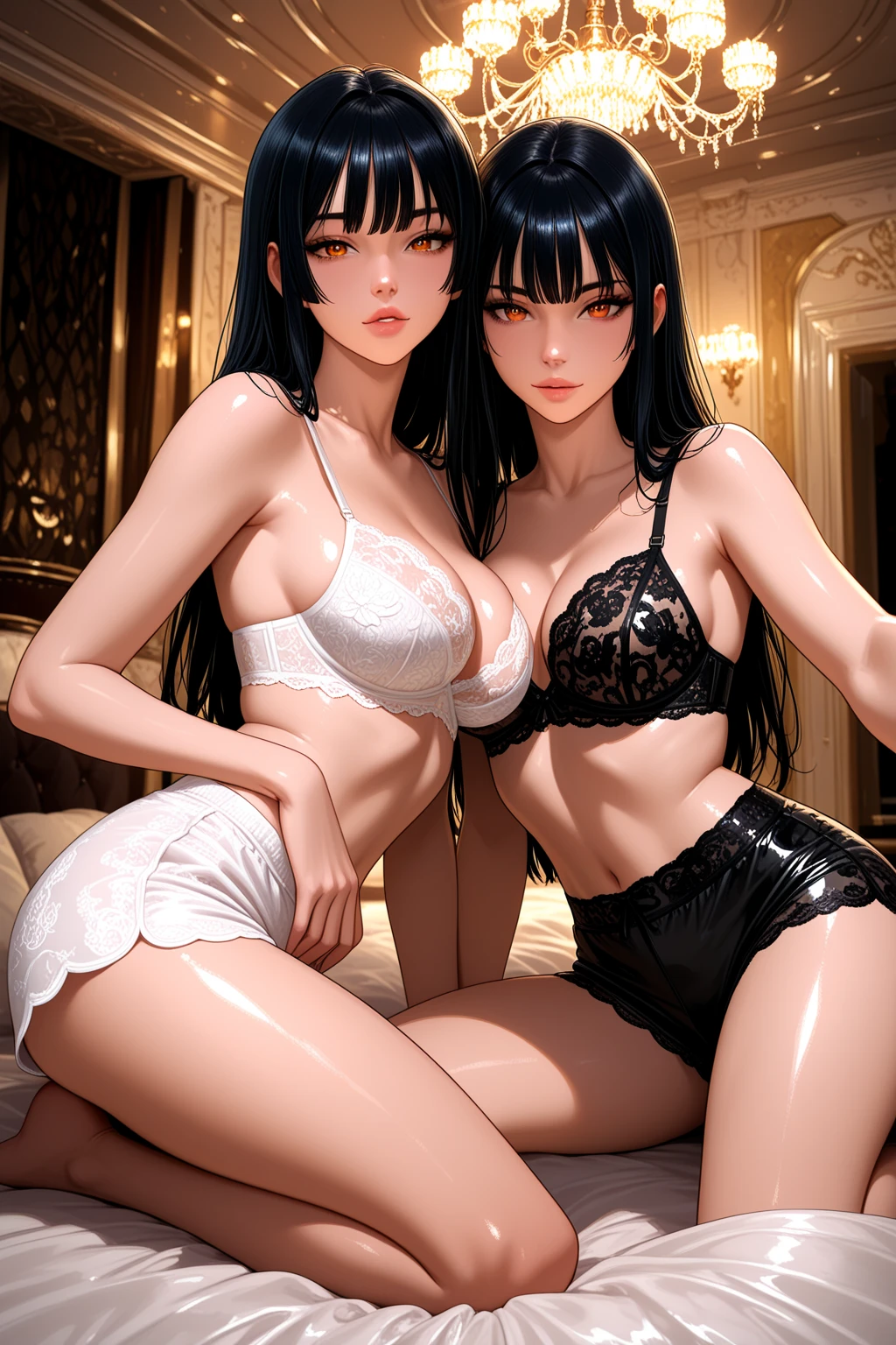 ((High quality)),masutepiece,(Detailed depiction of local details:1.2),2girl,Plump breasts,Enchanted Valley,Closed mouth,Eyelashes,nipple bigboobs,Portrait,White hair,black theme,Short hair,yorha no. 2 Type B,(((White hair and black hair)))、((Lick each other's genitals)) Full body view、(((sixty-nine)))((Woman in white underwear、Woman in black underwear))((Two people smiling))((Light skin and dark skin))(((Black Hair、Dark Skin、Woman in Black Dress)))((white thong))((black thong))(((Two people intertwined in a double bed)))((cunnilingus))((oral sex)) ((Lick each other's body)) ((Bury your face in your crotch))