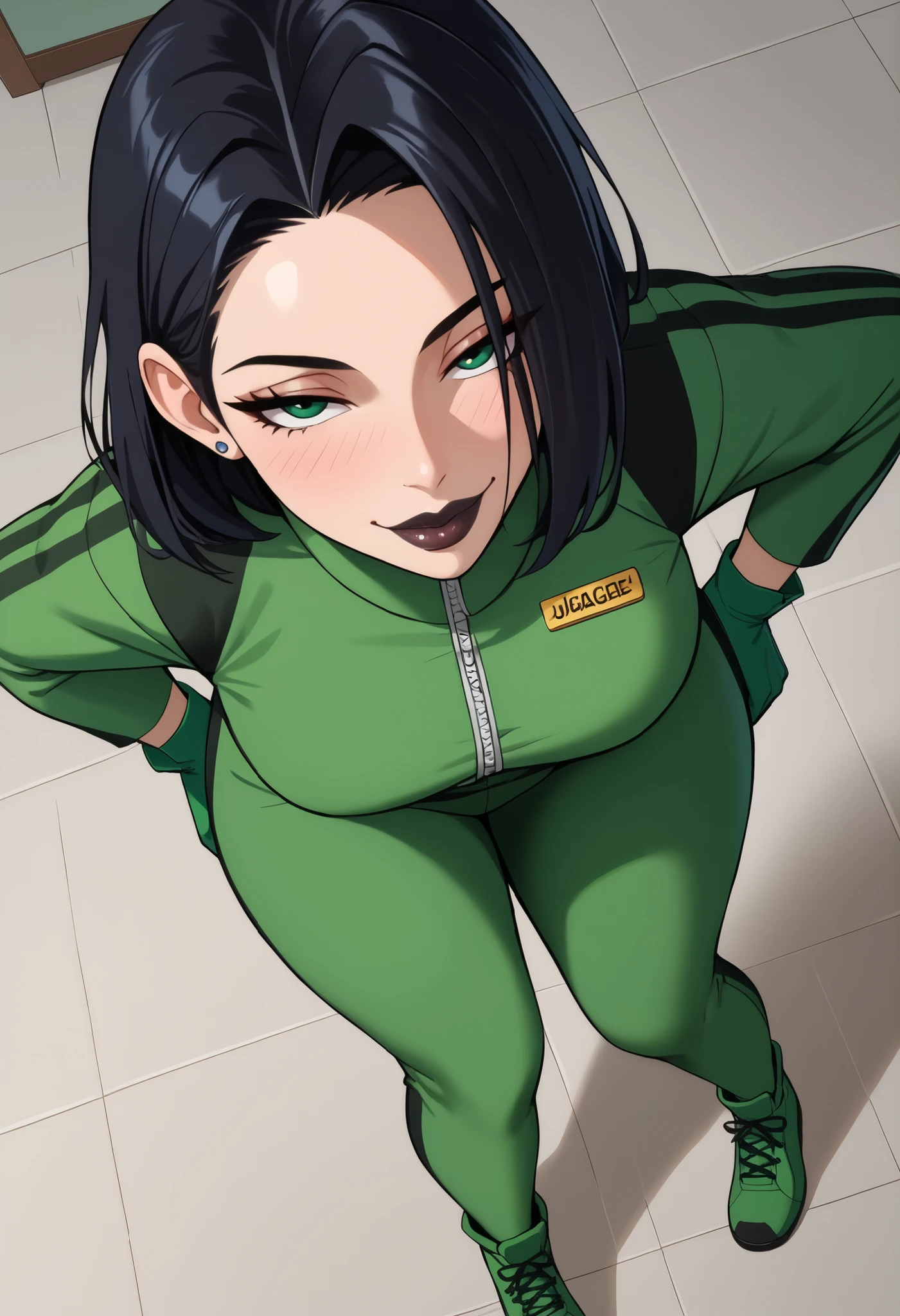 jiggle as a result of_9, jiggle as a result of_8_higher, jiggle as a result of_7_higher, jiggle as a result of_6_higher, jiggle as a result of_5_higher, jiggle as a result of_4_higher, source_anime, Mark 1, sign 2 , The quality of _masterpiece, is anatomically correct, Beautiful face, perfect face, very detailed beautiful face and eyes, Attractive face , detailed face, thin facial features, detailed skin, wide hips, Average butt, big butt, thick thighs reveal, mature female, The long , bedroom eyes, Race classification of interruption_security, high-angle view, maternal face , bedroom, has detailed eyes, Attractive face , Familiar, with his hands on his hips, leaning forward, Naughty face , seductive look , Shigo , one girl, Alone, The long , Two black lips, black hair, with green eyes, Green body suit , green gloves ,shoes