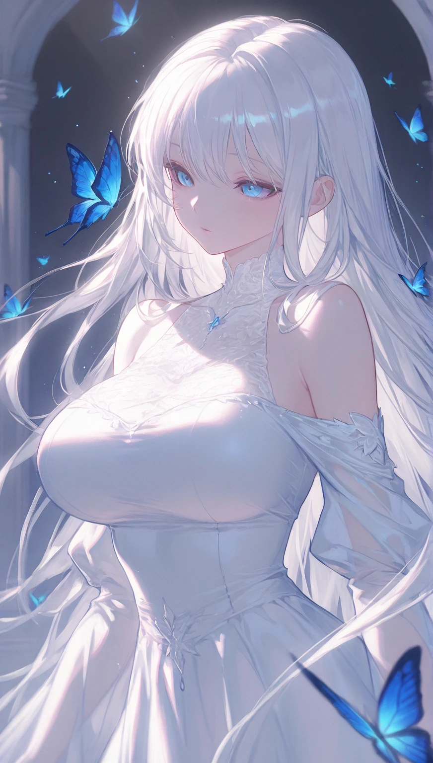 silber hair,butterflys,long whitr hair,white wedding gown,8k wallpaper,detailedbackground,Highest high resolution,deep v big breasts,Hair covers one eye,Bandeau wedding dress,chies,White rose,tight-fitting,