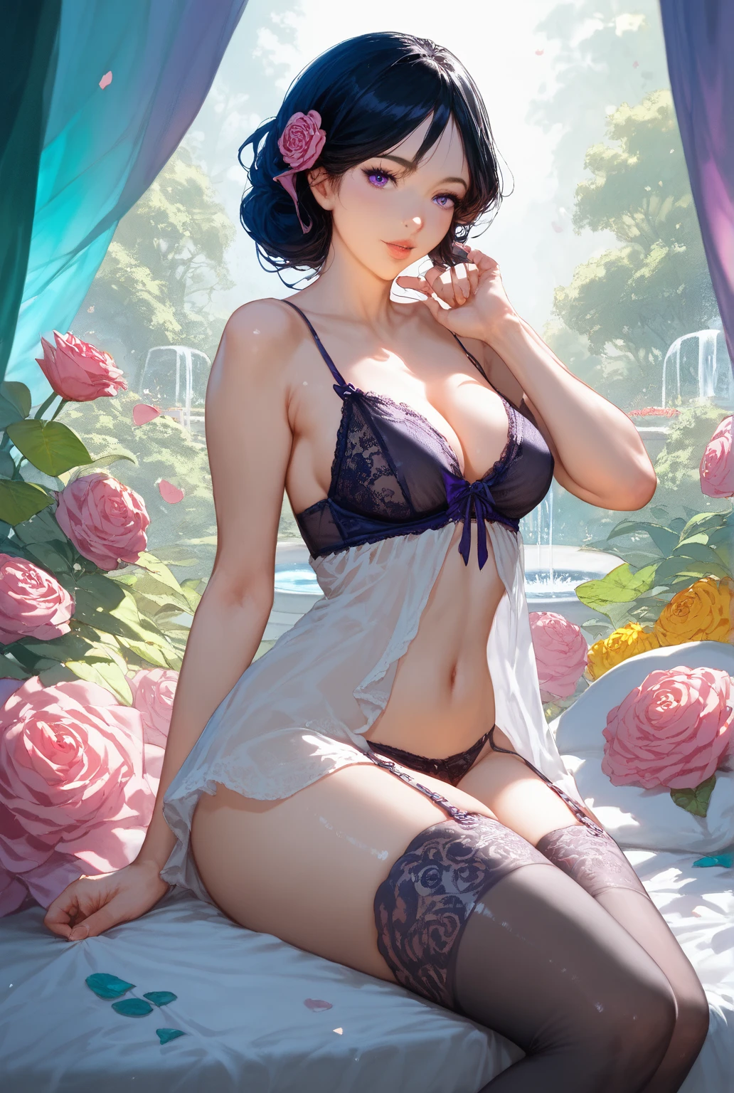 Anime girl sitting in purple bikini in garden, Guviz-style artwork, Extremely detailed Artgerm, Guviz, seductive anime girls, ! Dream Artgerm, Ilya Kuvshinov. 4 k'', beautiful and seductive anime woman, by Yang J, Guweiz on ArtStation Pixiv, Ilya Kuvshinov landscape
