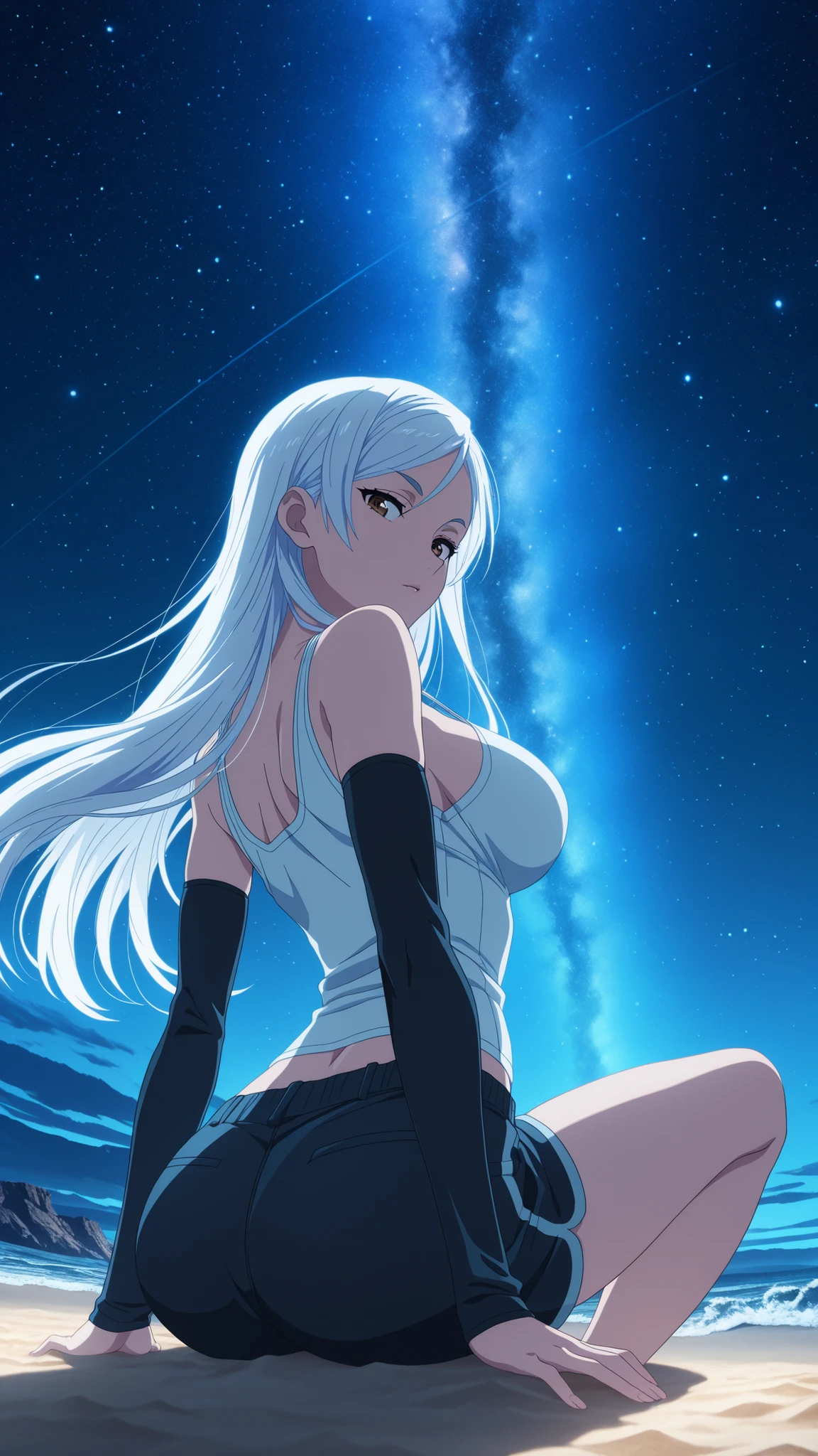 BREAK (masterpiece:1.2), best quality, high resolution, unity 8k wallpaper, (illustration:0.8),Rocky shore under a night sky filled with stars,
waves glowing faintly with bioluminescence,
Milky Way stretching across the horizon,
cool blue tones, calm and endless,
anime night scene, breathtaking and still,saeko ayase, long hair, large breasts, white hair, brown eyes, anime screencap,,cleavage, detached sleeves, shorts, tank top,looking at viewer,cowboy shot,wide-angel,seductive pose,sitting on sand,sitting on knees,from below,from behind,arched back,