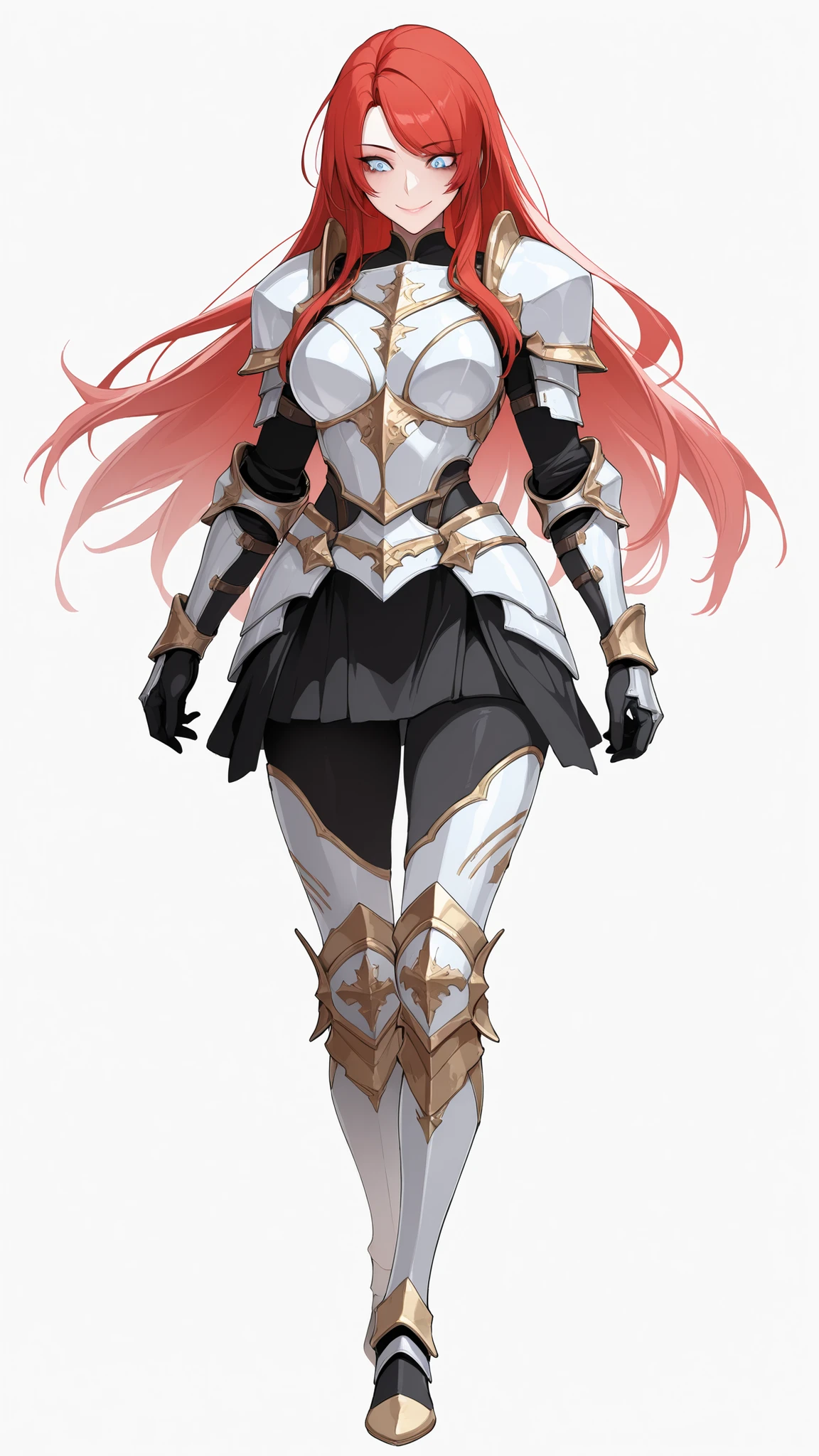 absurdres, (((Ultra HD))), (((Ultra High Quality))), ((hyper detailed)), ((Ultra High Resolution)), (Highly rendered), ((detailed eyes)), (((8K))), ((perfect face)), ((masterpiece)), cinematic, solo, 1girl, tall, thin, long hair, straight hair, red hair, swept bangs, smile, blue eyes, medium breasts, knight, jewelry, gold lining, armor, black bodysuit, chest armor, pauldrons, gauntlets, armor skirts, armored leggings, standing at attention, full body portrait, simple background, white background