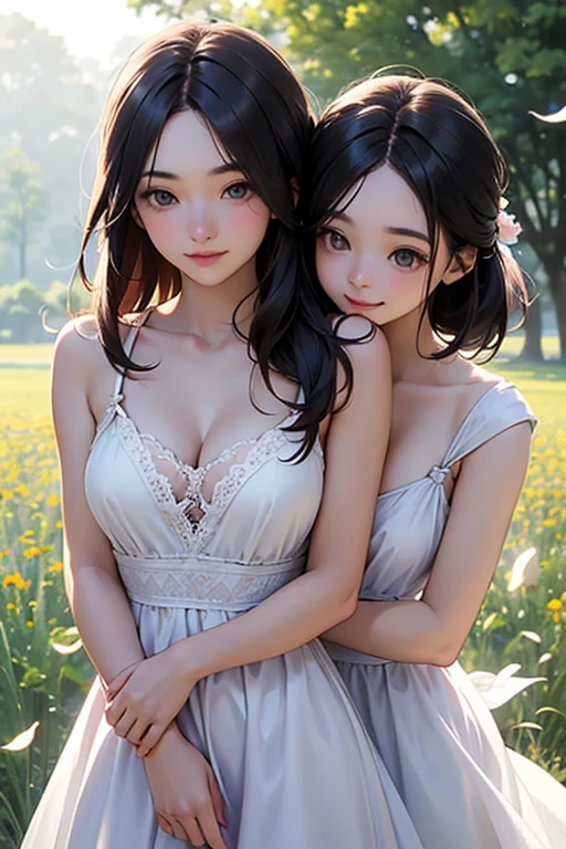 (masterpiece, best quality:1.4), (8K), Young blonde beauty, (((2 girls in love, 18 years old, neat girl))), detailed blue eyes, long eyelashes, blush, kind smile, horny, upper body, topless, small ass, slender thin legs, vagina, (looking at viewer) (close up), beautiful blonde hair, white-skinned, straight bangs, pigtails, squeezing, on top of each other, (medium size breasts), (mushroom forest, celestial forest, beautiful and magnificent pink sunshine, majestic sky), natural light, pastel colors)