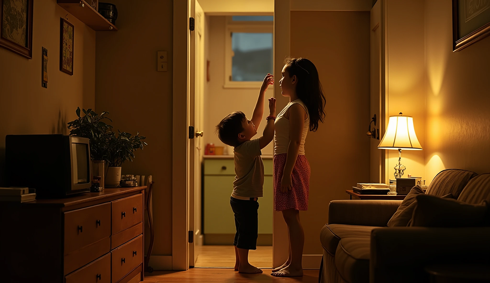 Ultra-realistic photograph style: At night inside a home, twin siblings (a young boy and girl, around eleven) stand near a doorway. The shorter brother stands on a chair, marking his extremely tall sister’s height above her head. She is taller than the doorframe. A lower growth mark is already visible. Both kids look surprised, with wide eyes and open mouths. Warm indoor light, natural family scene, photorealistic.