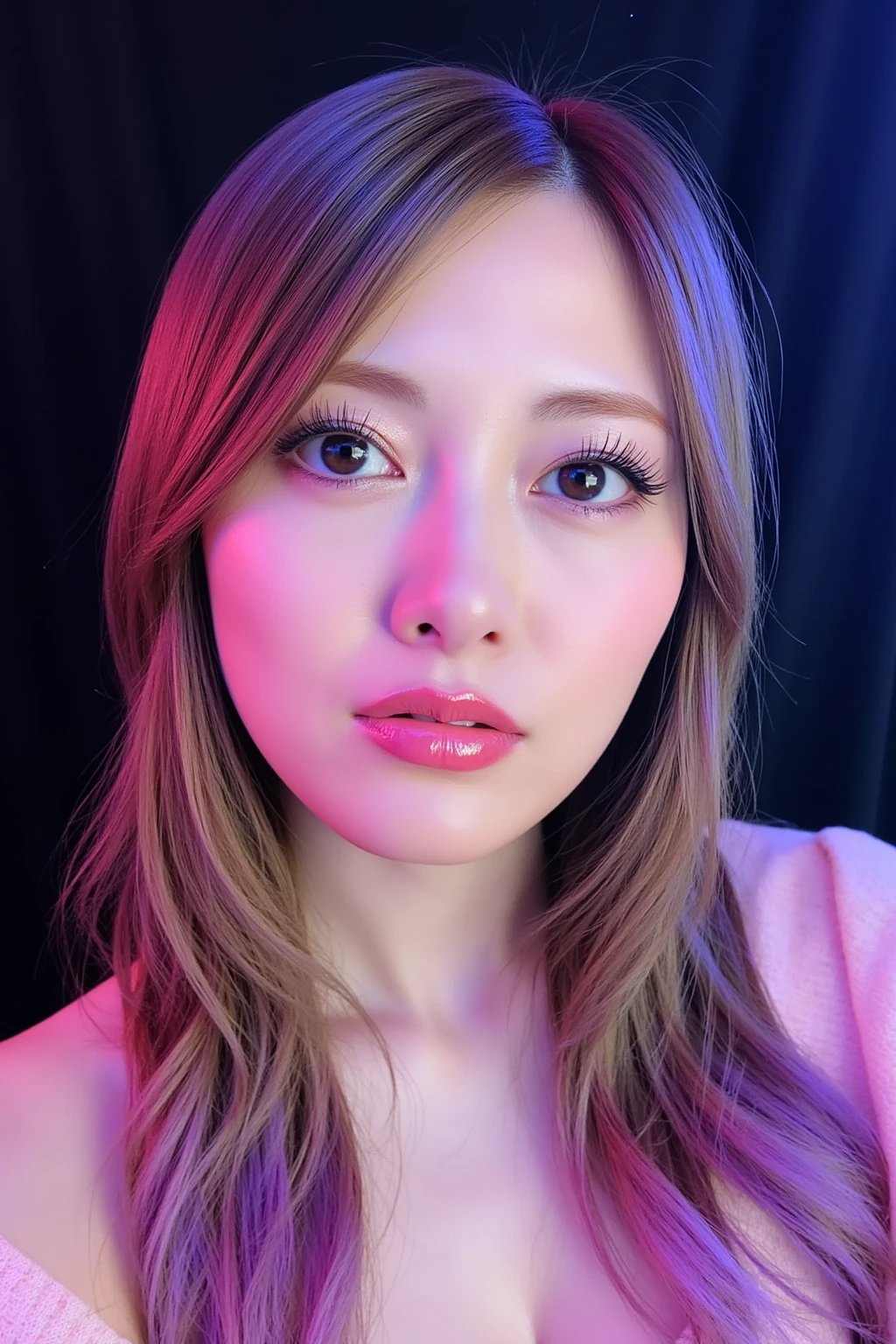 (Highest quality、8k、Award-winning works、Ultra-high resolution)、One beautiful woman、(Wearing a shiny tight swimsuit)、(blonde:1.1)、Bright color contacts、Perfect Makeup、Bright and shiny lipstick、(Very heavy makeup:1.2)、(Deep pink around the eyes:1.1)、Beautiful bright eyeshadow、Heavy makeup around the eyes、(Huge breasts:1.2)、very long wavy hair、(Romantic affection:1.1)、The best smile he had when he saw me、(Many of them emphasize the body line..:1.1)、(Strongly blurred vibrant Harajuku city background:1.1)、(Strongly blurred background:1.1)、Accurate anatomy、(Ultra-high resolutionの完璧な美しい歯:1.1)、Ultra-high definition beauty face、Ultra HD Hair、Ultra HD Shining Eyes、輝くUltra-high resolutionの美肌、Ultra-high resolutionの艶やかな唇, Very detailed, Nose and mouth,Face Focus, Extreme close up of face,Glossy lips with visible lip wrinkles,Perfect Lips